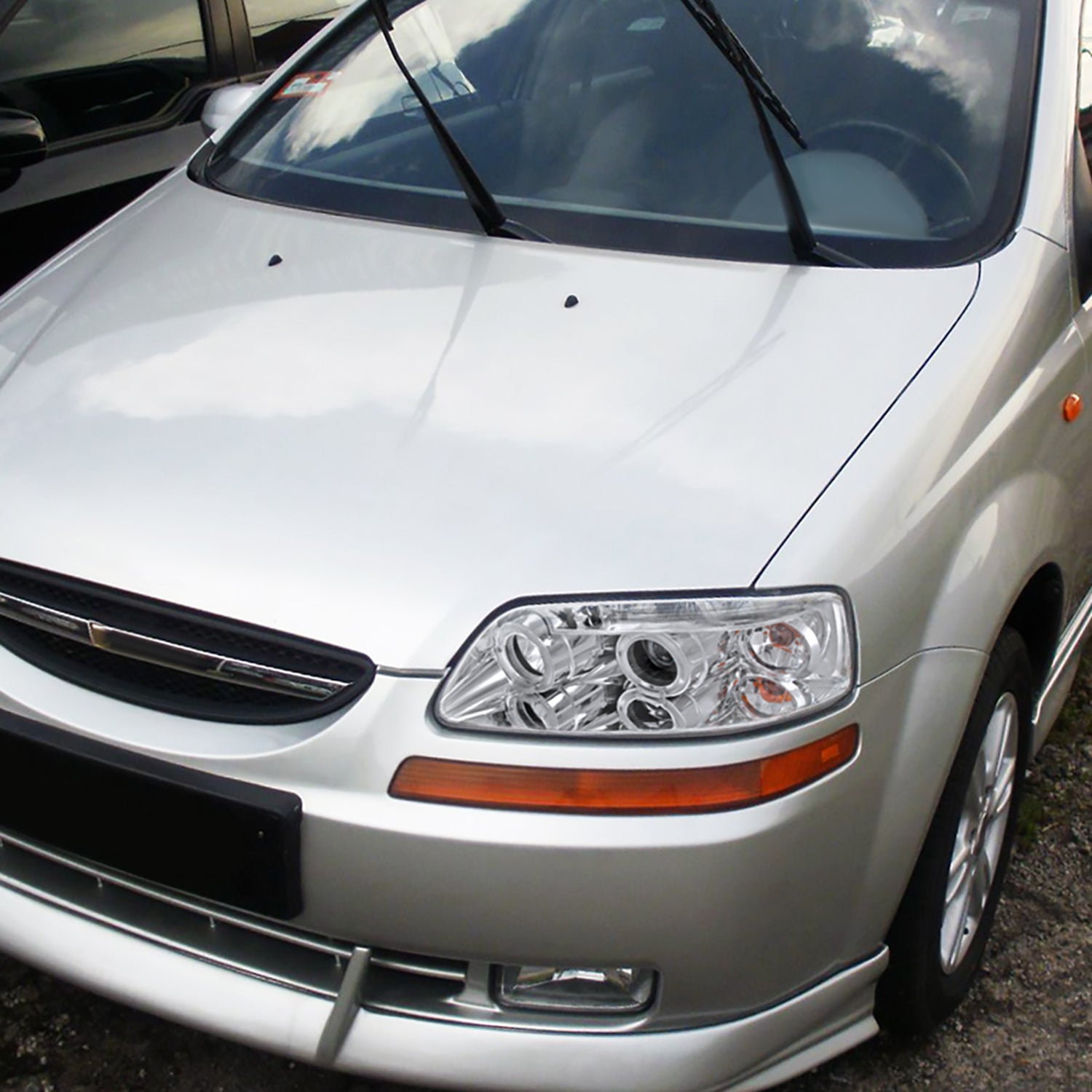 2004-2008 Chevy Aveo Dual Halo Projector Headlights Chrome/Clear Lens