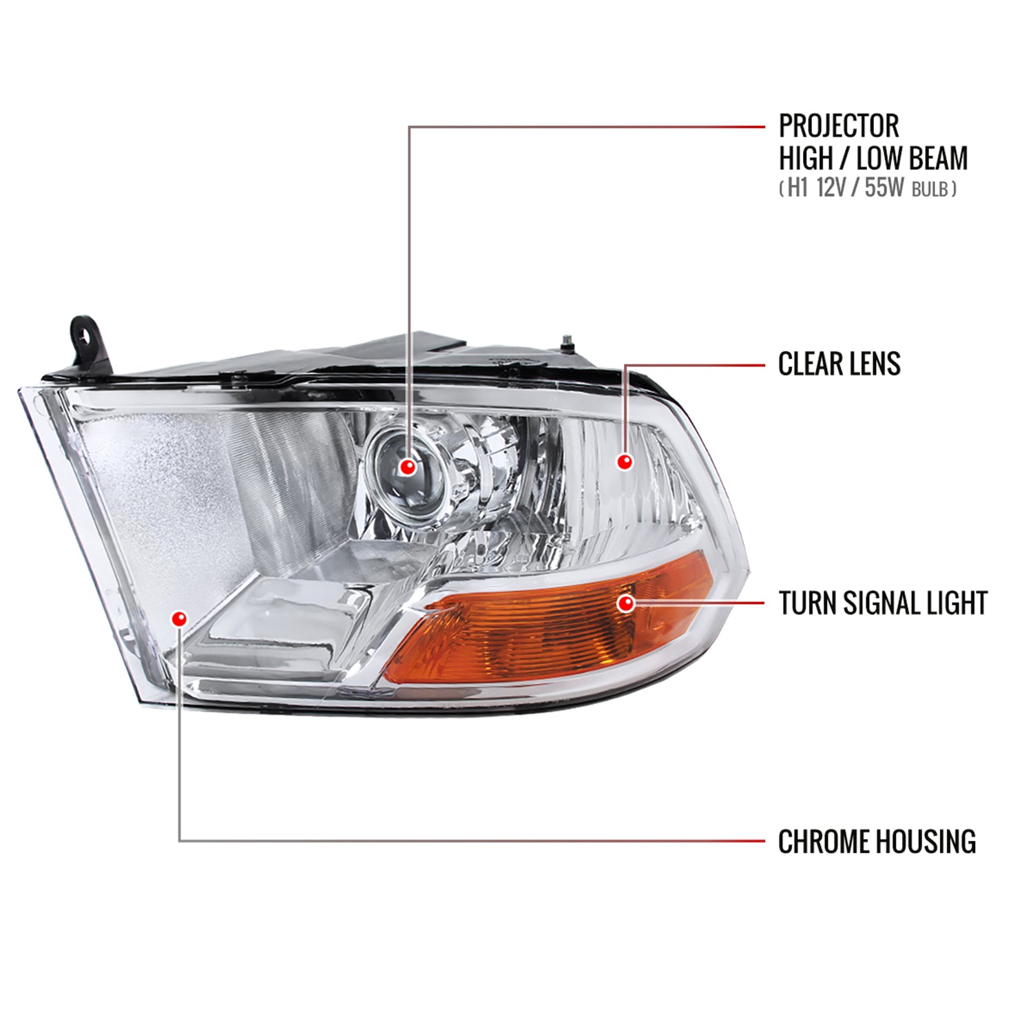 2009-2018 Dodge RAM 1500 / RAM 2500 3500 Retro Projector Headlights Chrome
