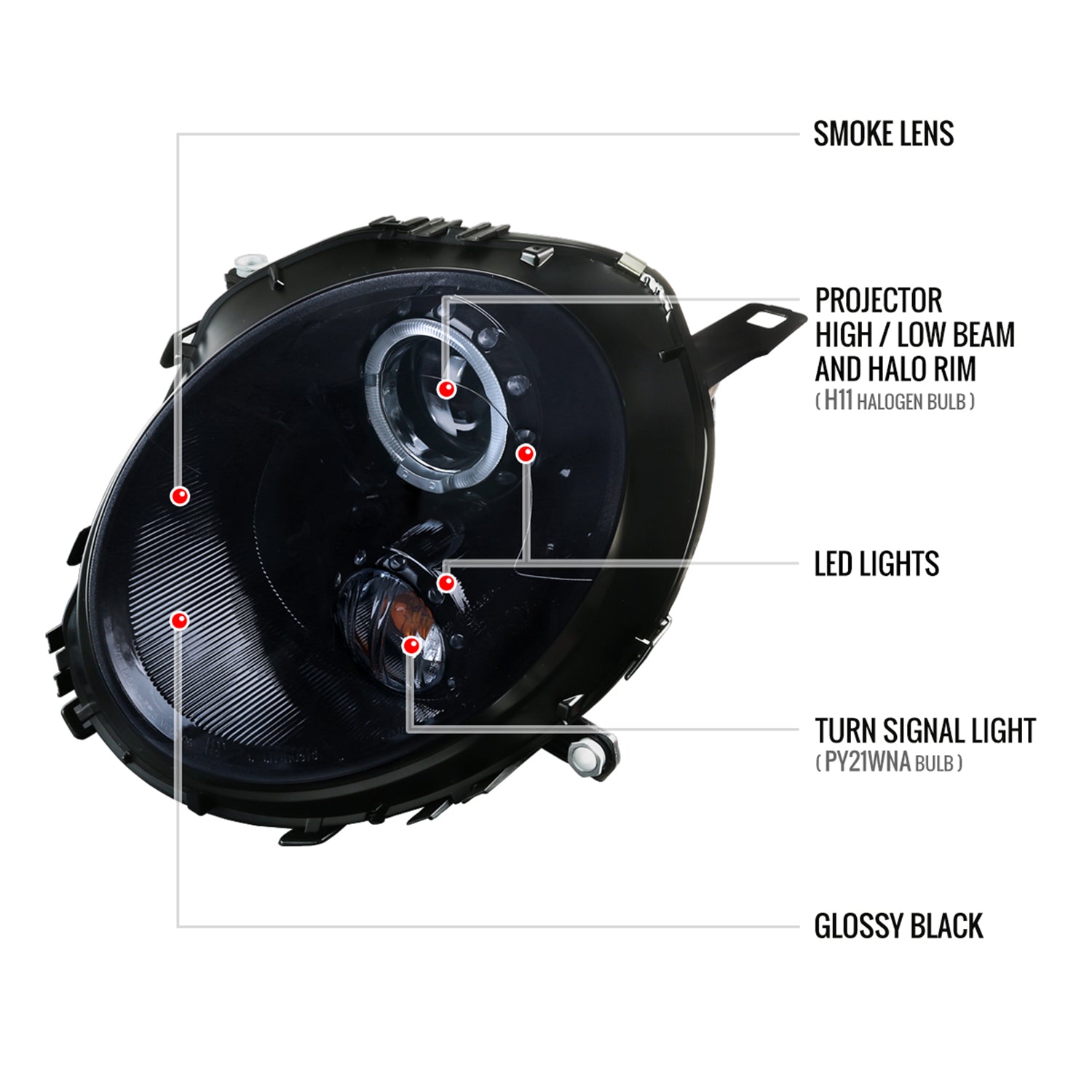 2007-2015 Mini Cooper R55 R56 R57 R58 R59 Halo Projector Headlights Black