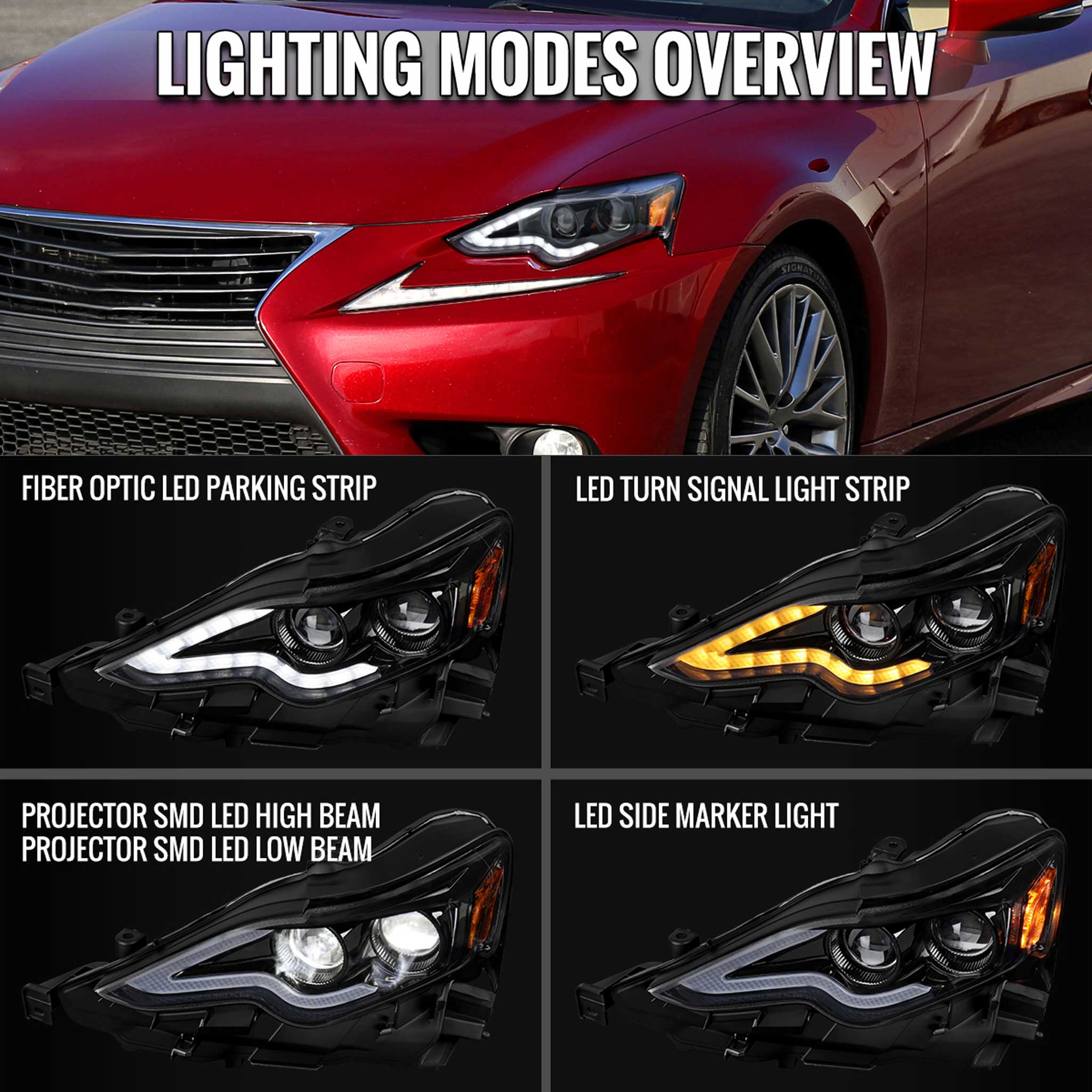 For Lexus IS250 IS350 2014-2016 Full LED Project healight Jet Black Housing Clear lens