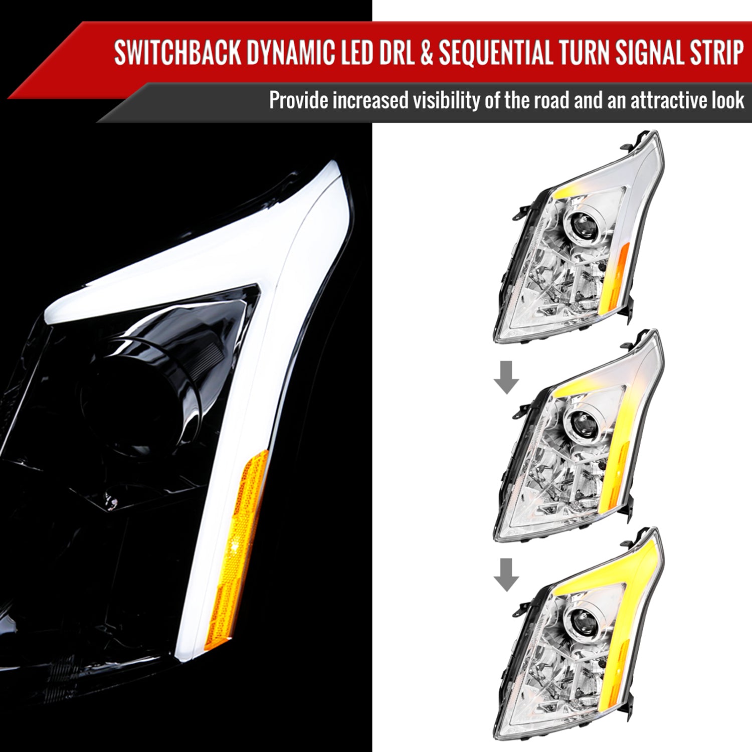 2010-2016 Cadillac SRX Projector Headlights Turn Signal LED Bar Chrome