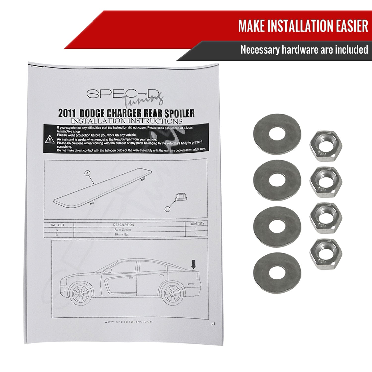 2011-2023 Dodge Charger Black ABS R/T Daytona OE-Style Rear Spoiler Wing