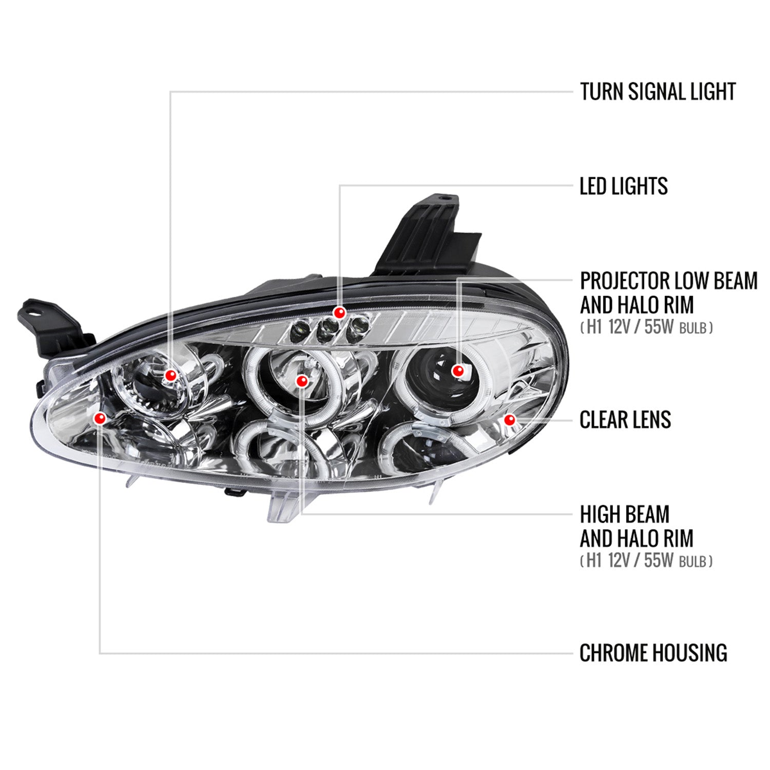 2001-2005 Mazda Miata MX-5 Dual Halo Projector Headlights Chrome/Clear Lens