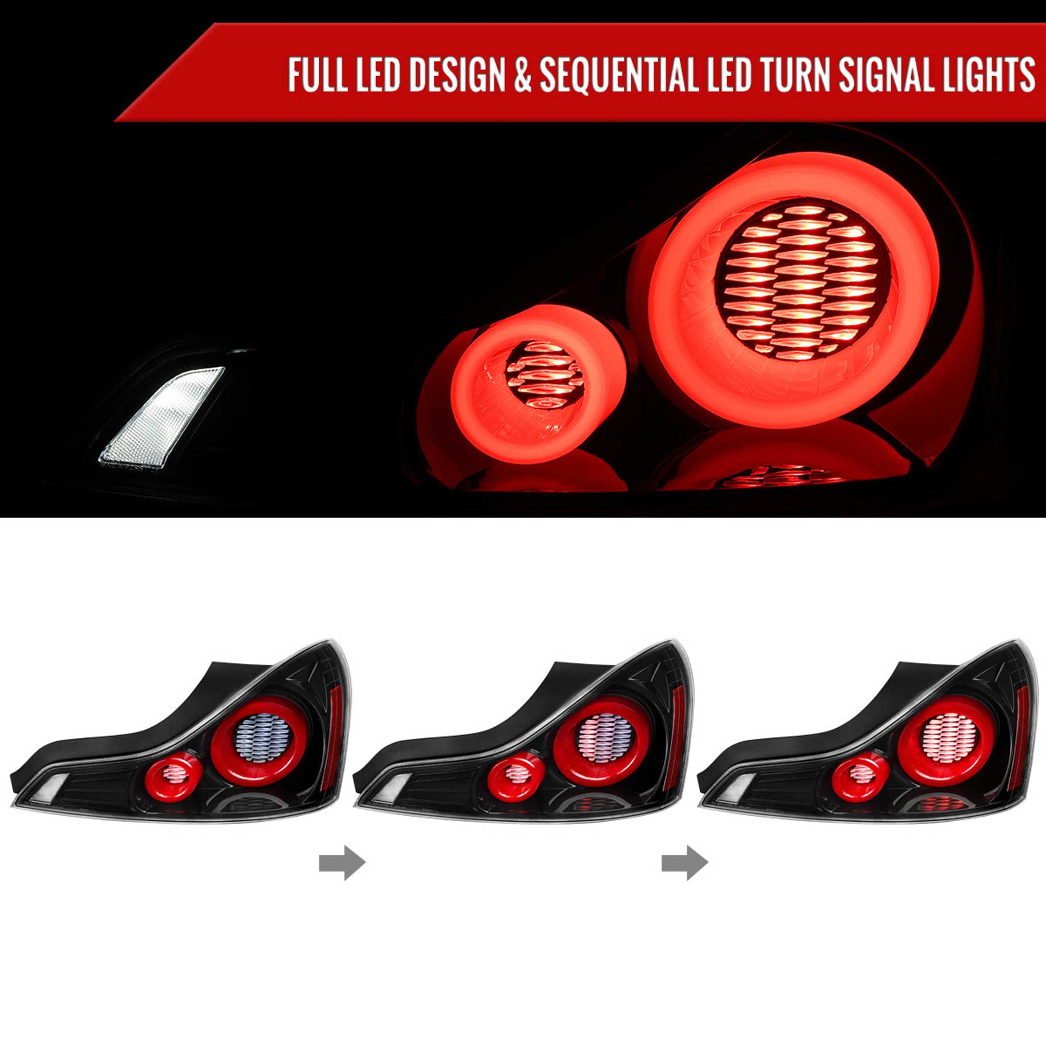 For Infiniti G37 2008-13 / Q60 Coupe 2014-15 LED Tail Lights Sequential Turn Signal Black Housing Clear Lens Switchback
