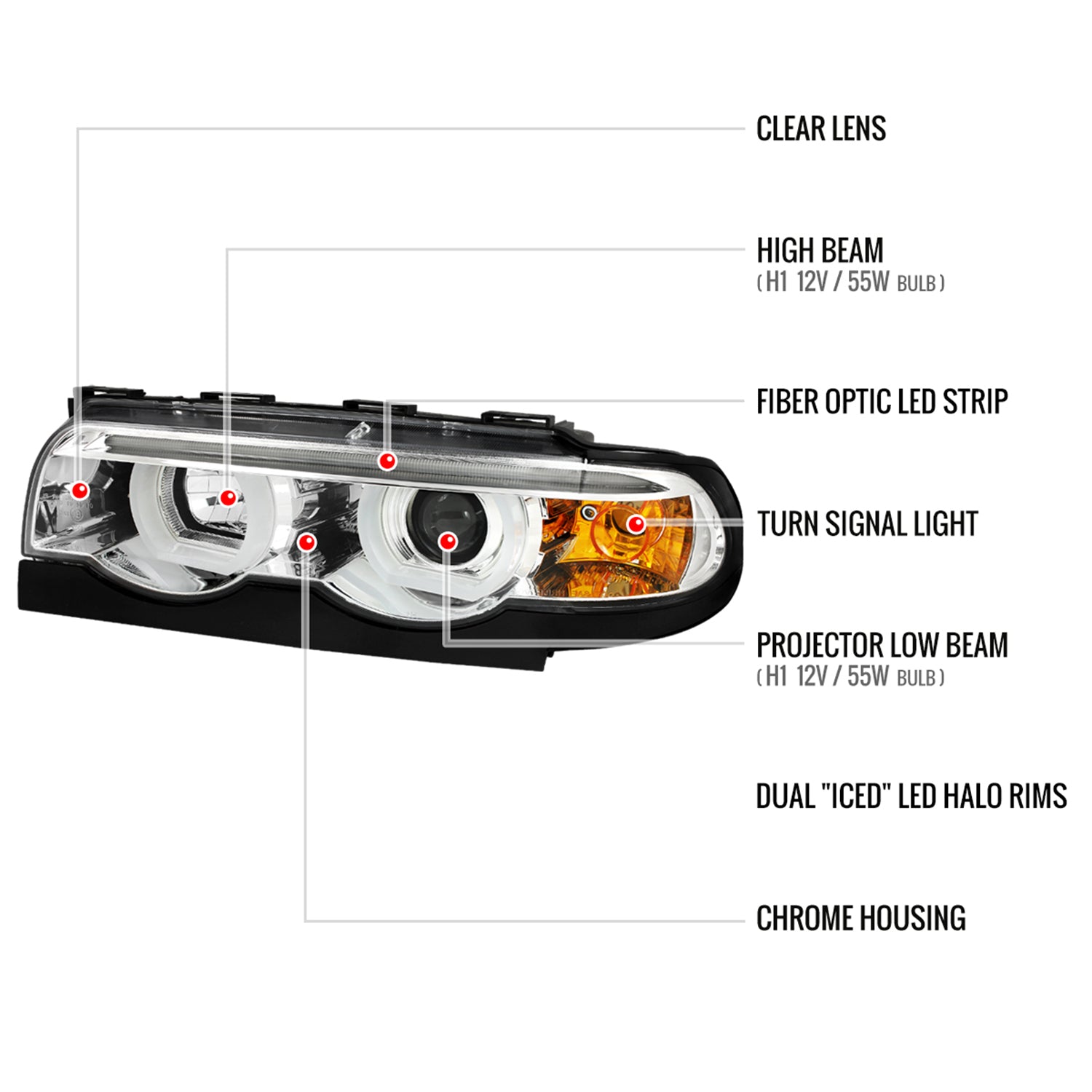 1995-2001 BMW E38 7 Series LED Bar Dual Halo Projector Headlights Chrome/Clear