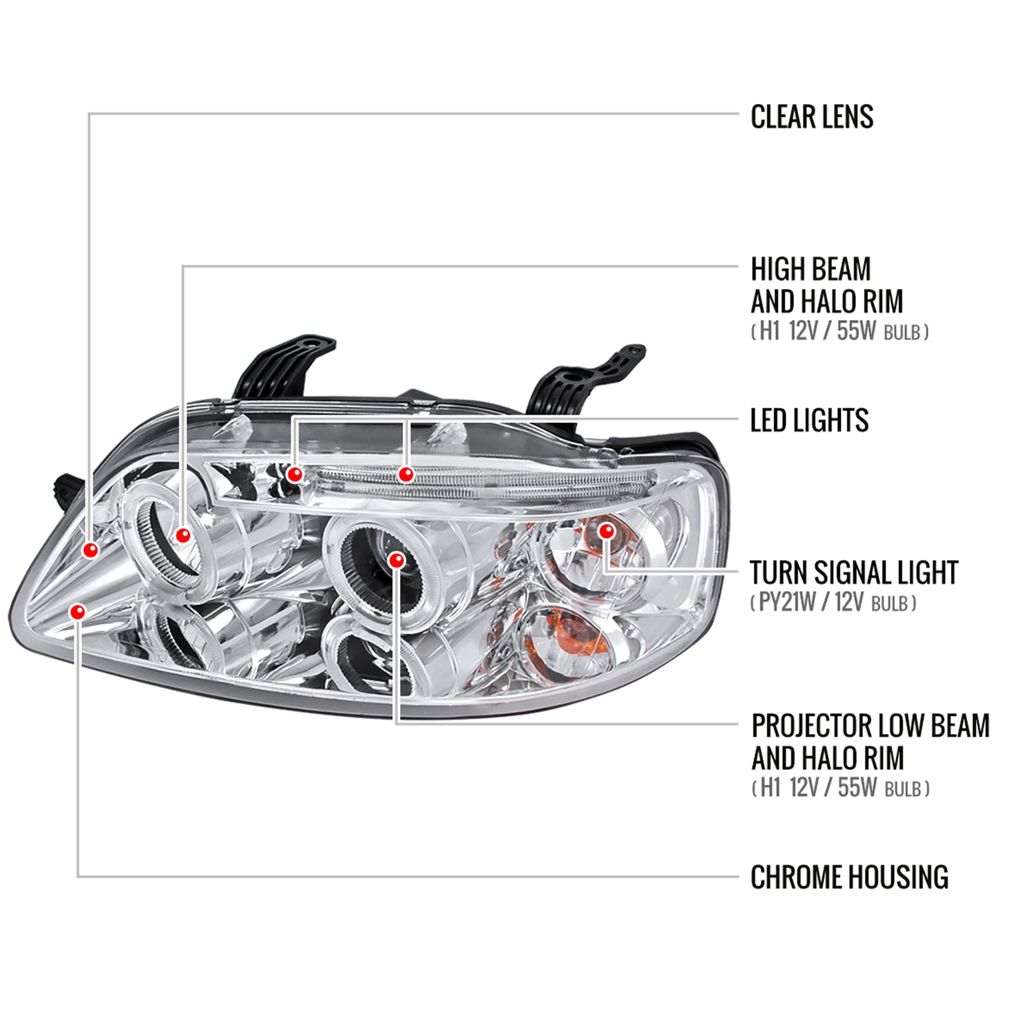 2004-2008 Chevy Aveo Dual Halo Projector Headlights Chrome/Clear Lens