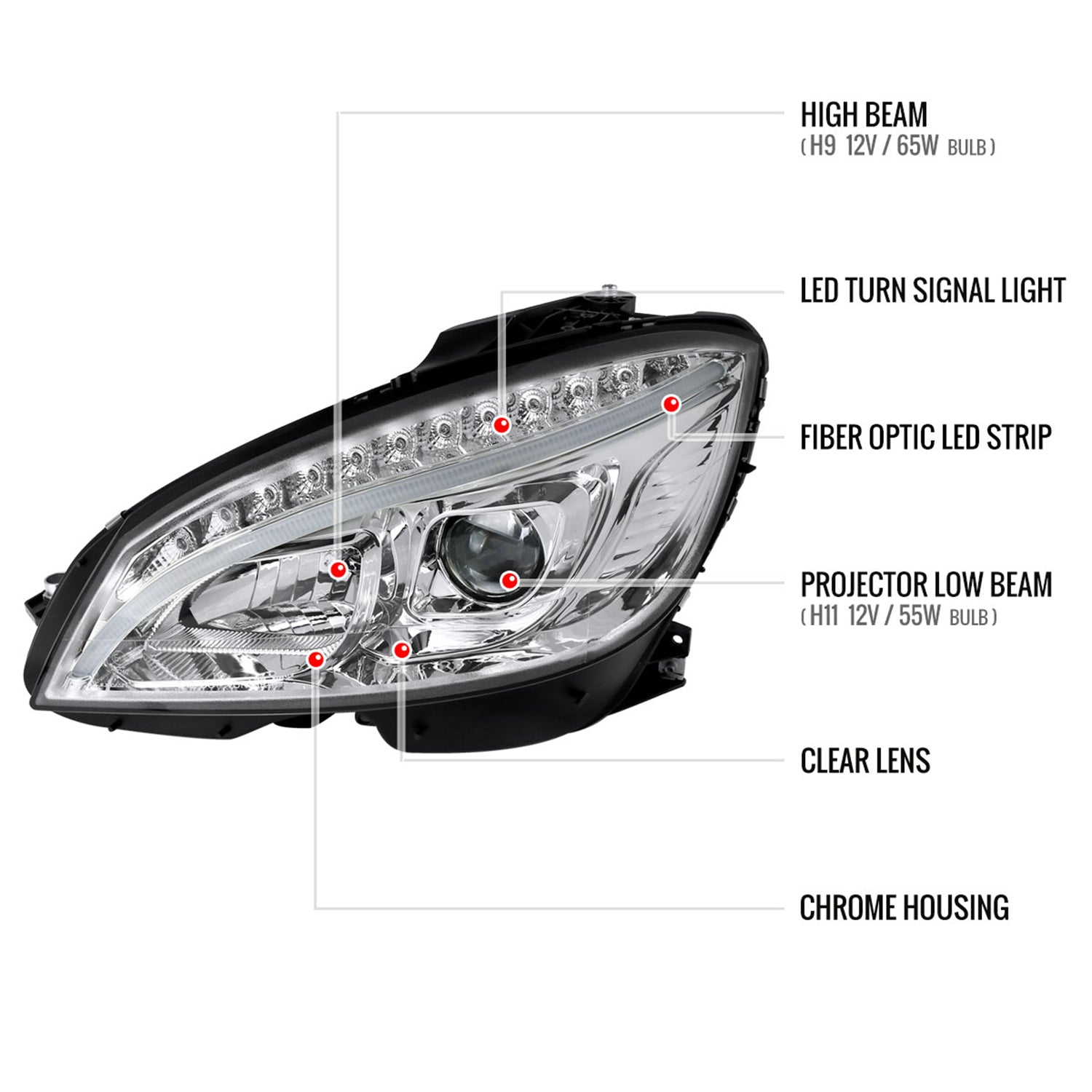 2008-2011 Mercedes W204 C Class Headlights LED Light Bar&LED Signal Chrome