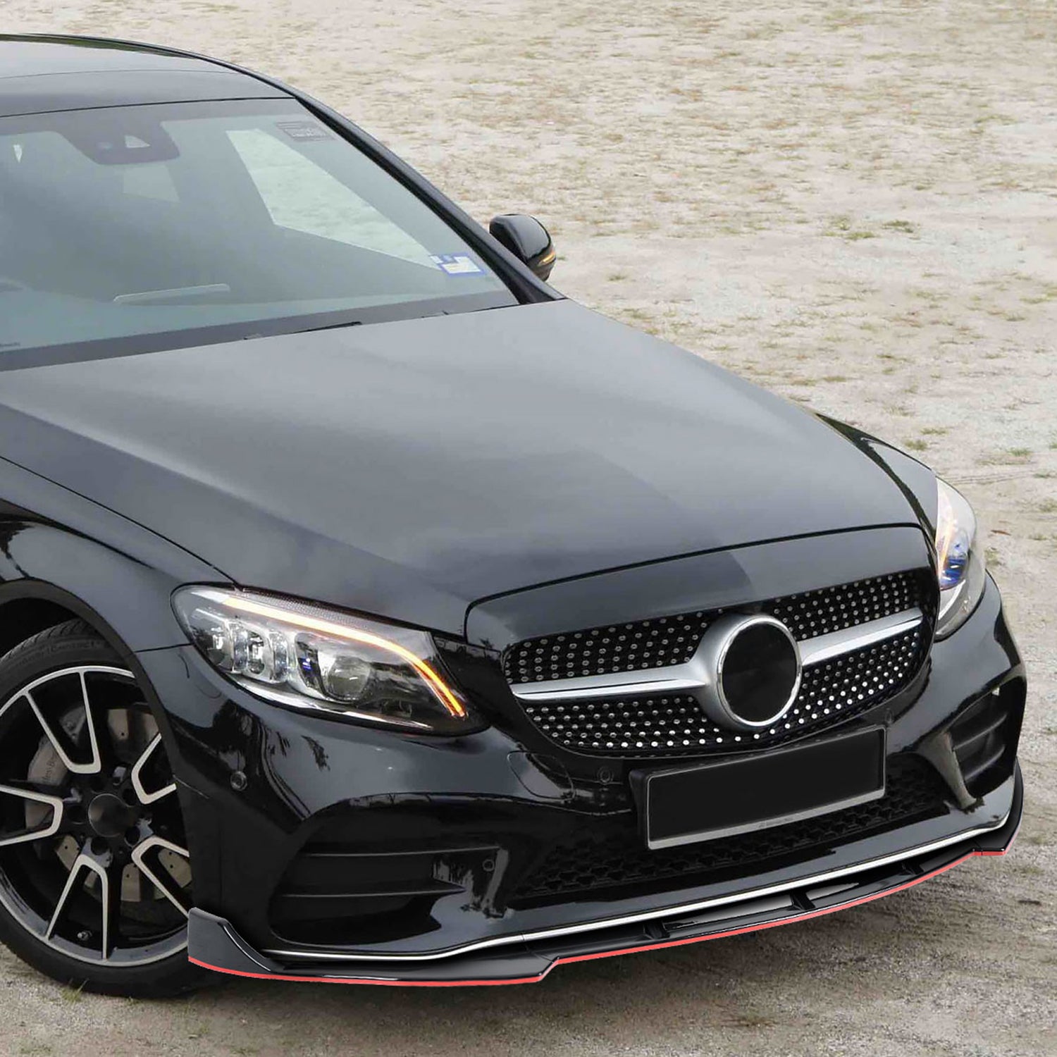 2019-2021 Mercedes W205 C Class Glossy Black/Red Front Bumper Lip Splitter Kit