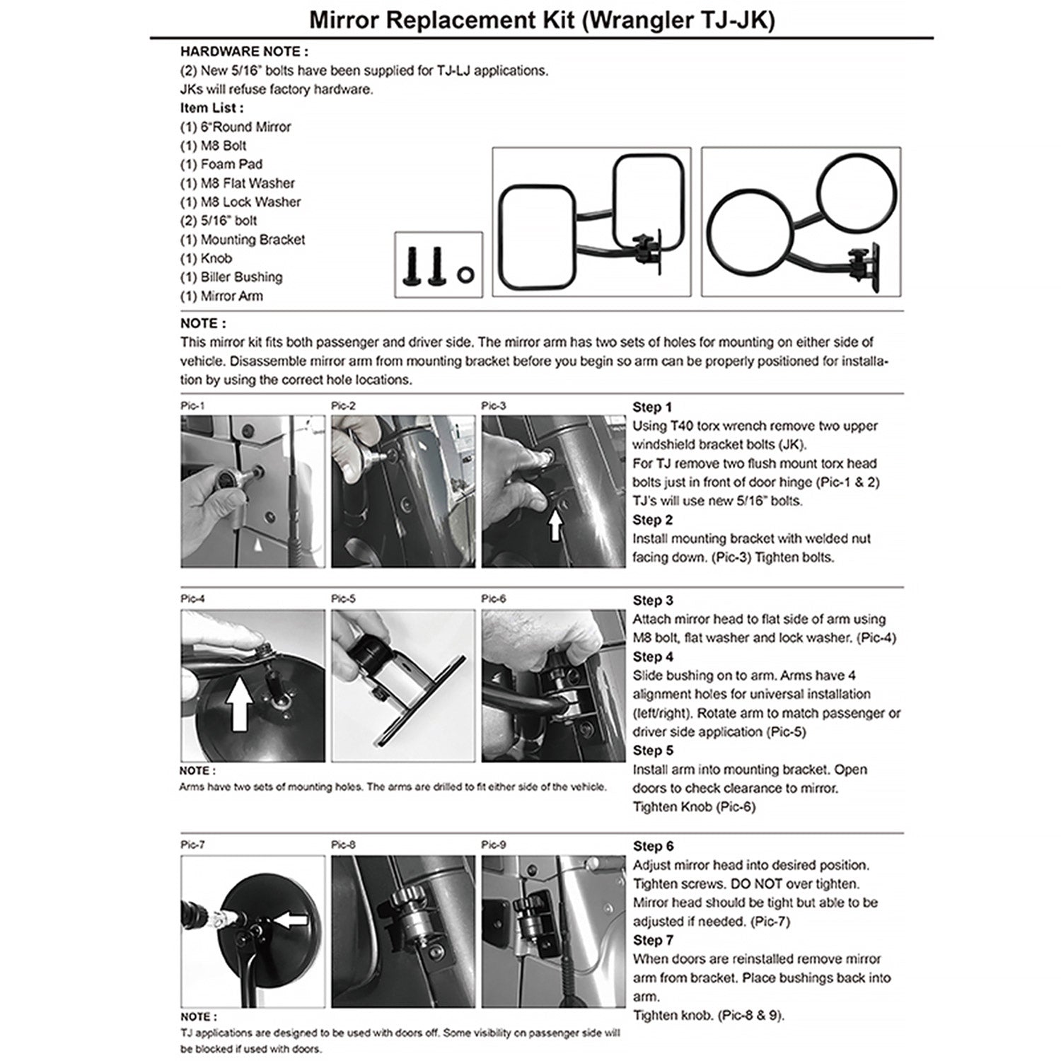 1997-2018 Jeep Wrangler TJ/JK Quick Release Black Steel Square Side Mirrors