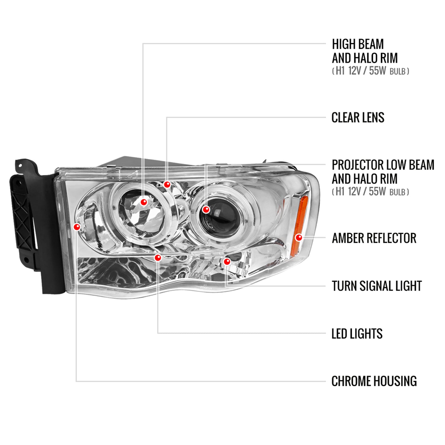 2002-2005 Dodge RAM 1500/ 03-2005 RAM 2500 3500 Dual Halo Headlights Chrome