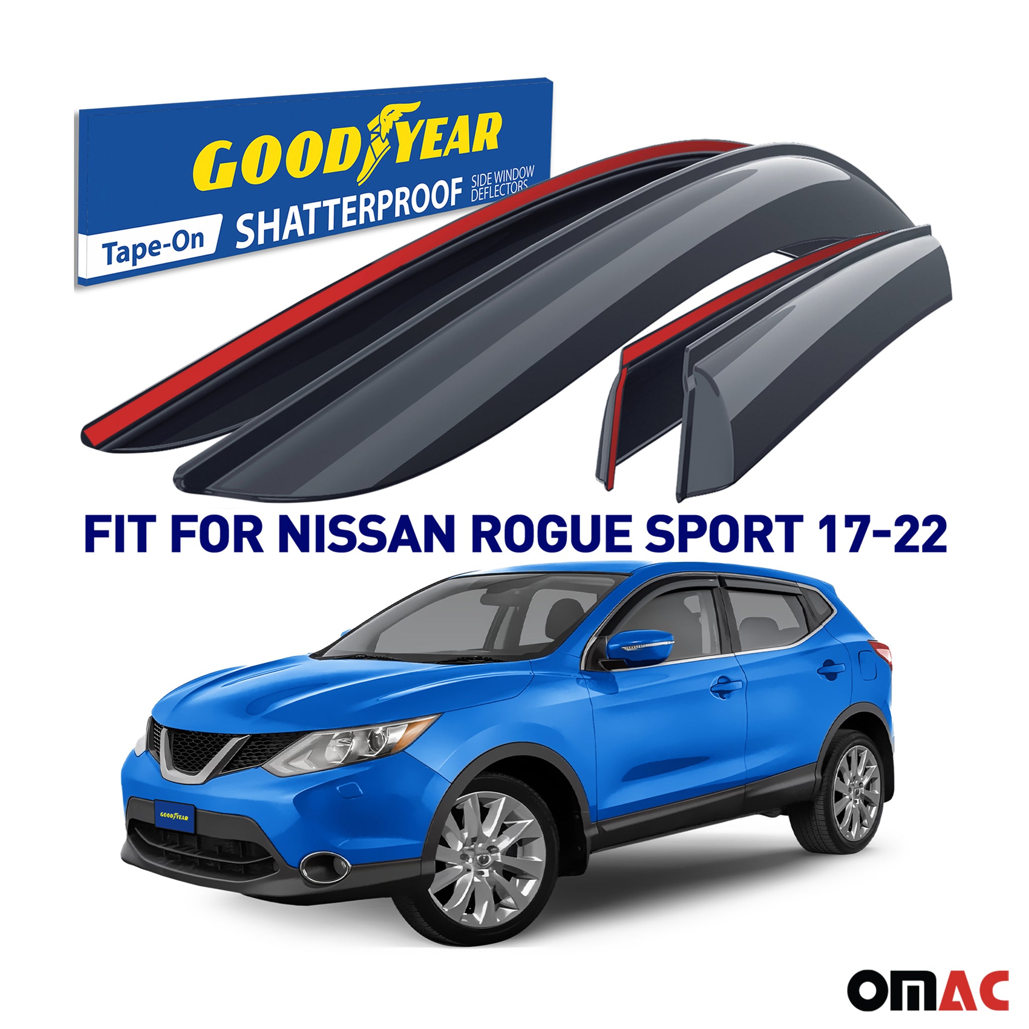 Goodyear Wind Deflectors for Nissan Rogue Sport 2017-2022 Tape-On Smoke 4 pcs