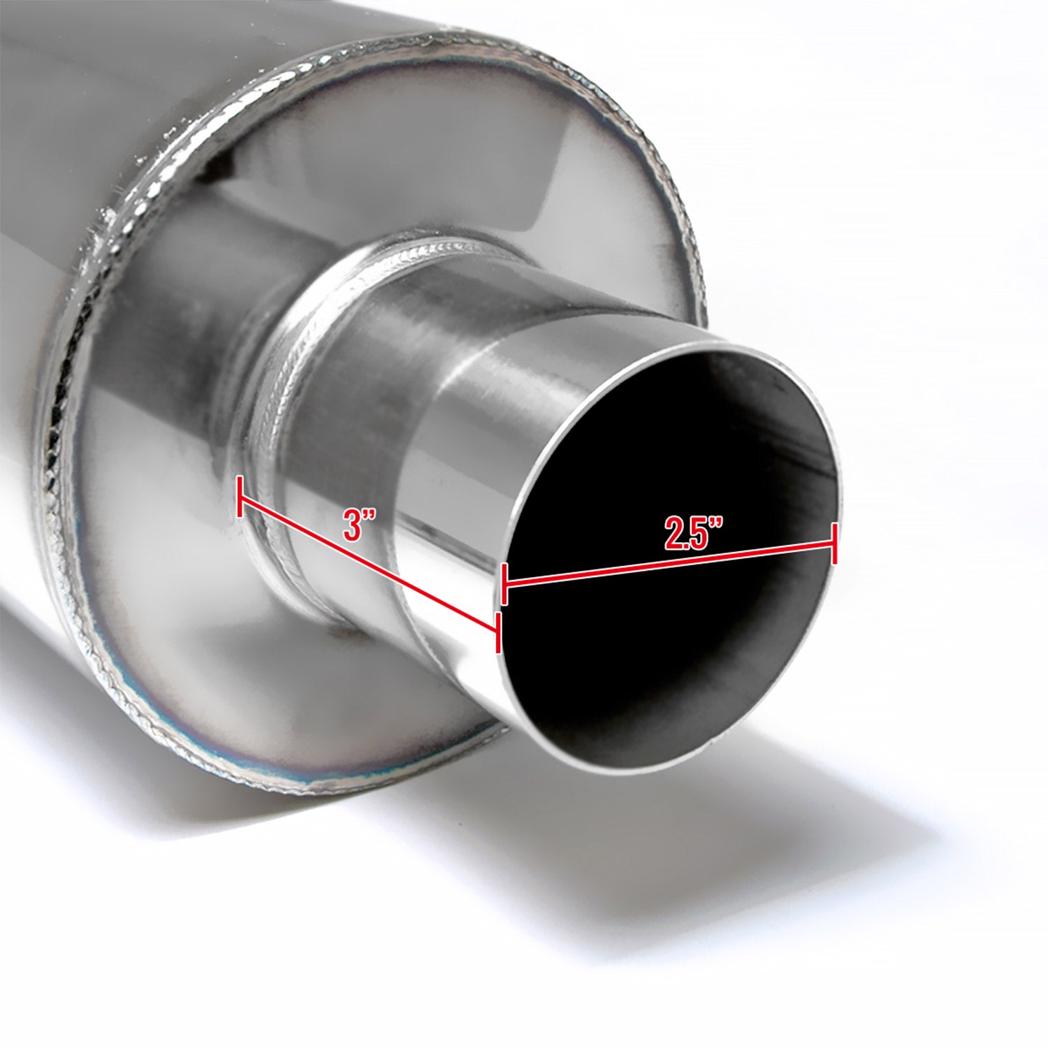 Universal 2.5" Inlet/4" Outlet S. Steel Muffler w/ Fireball Style Burnt Tip