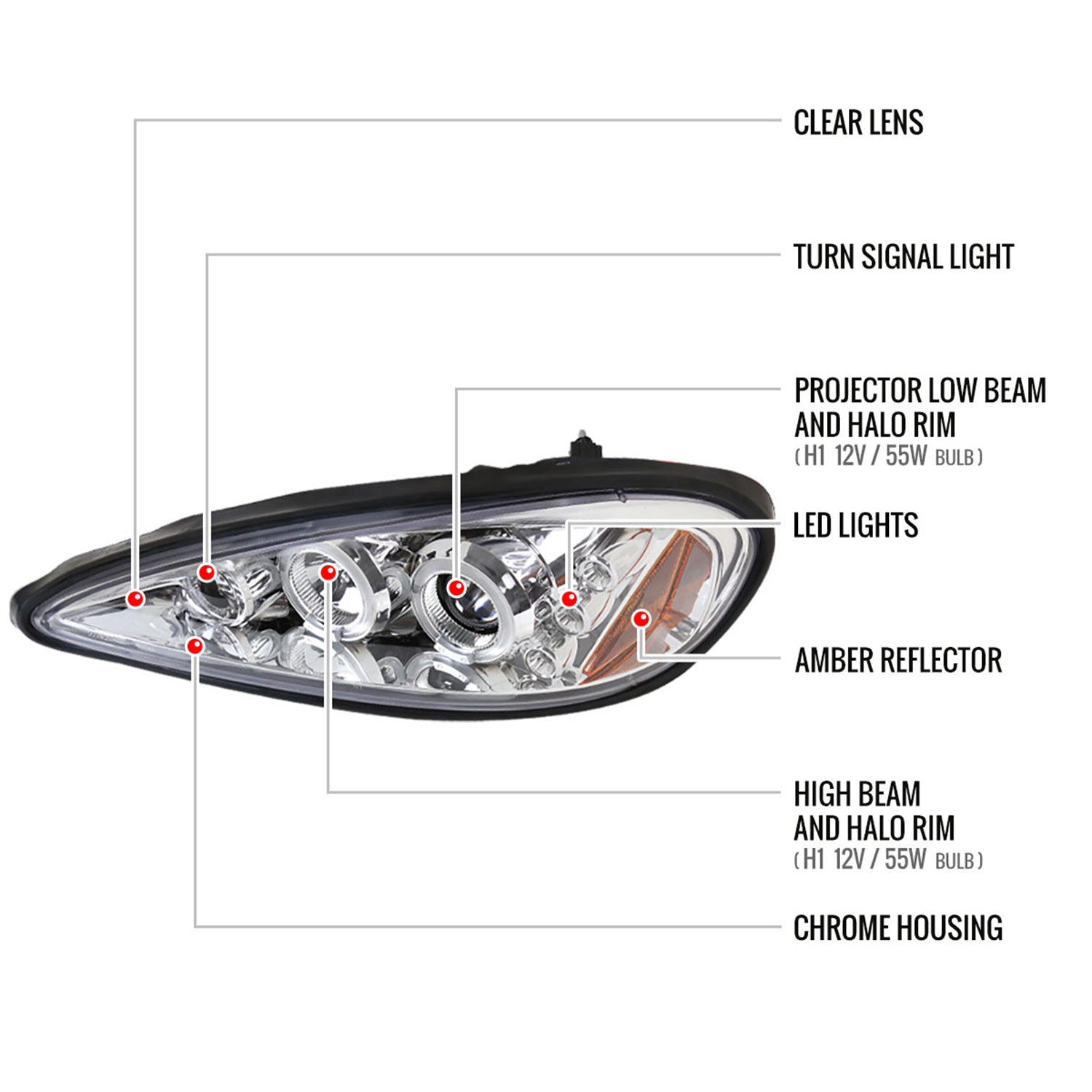 1999-2005 Pontiac Grand AM Dual Halo Projector Headlights Chrome/Clear Lens
