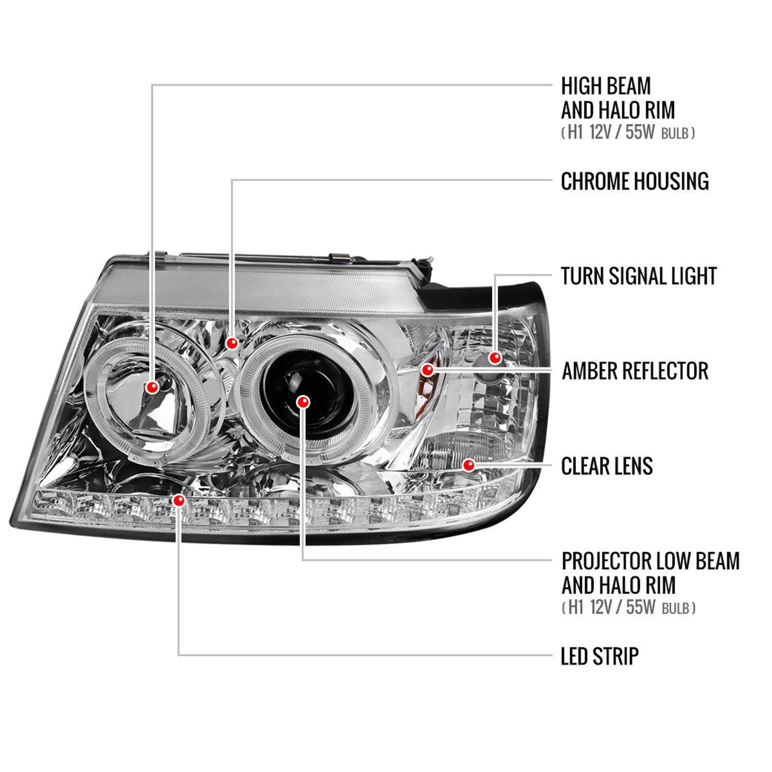 2002-2005 Ford Explorer Dual Halo Projector Headlights Chrome/Clear Lens