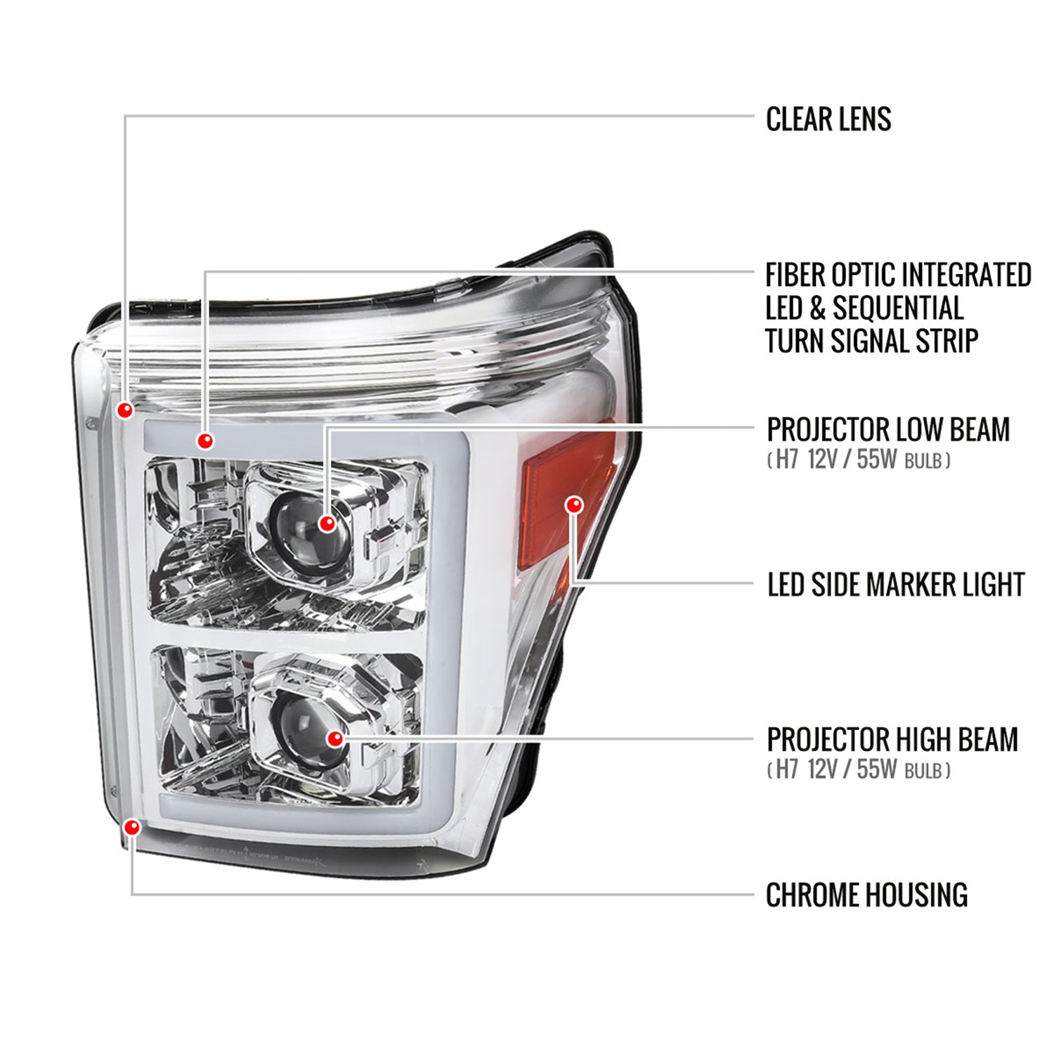 2011-2016 Ford F-250 F-350 F-450 F-550 LED CBar Projector Headlights Chrome