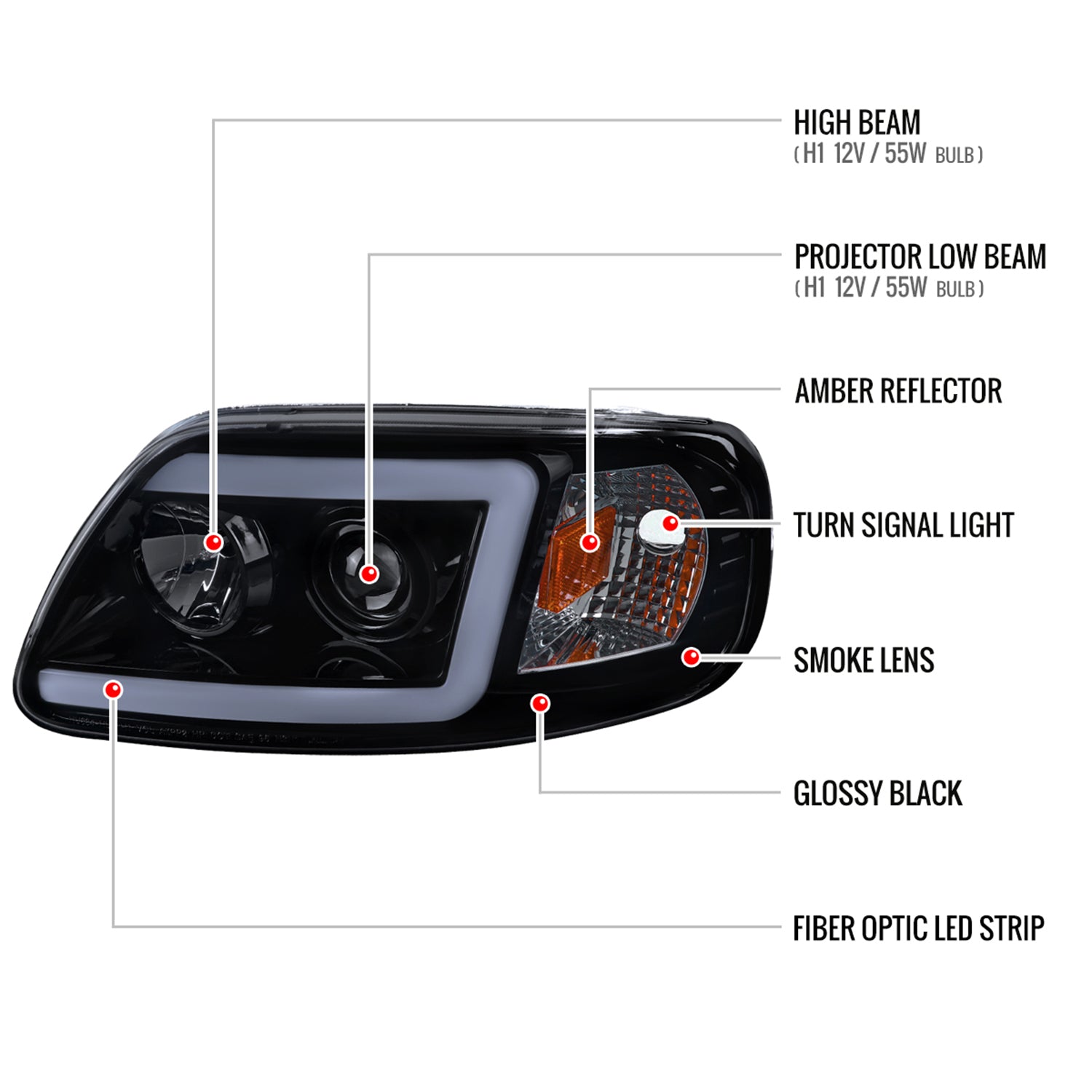 1997-2004 Ford F-150 / 1997-2002 Expedition LED C-Bar Projector Headlights Smoke