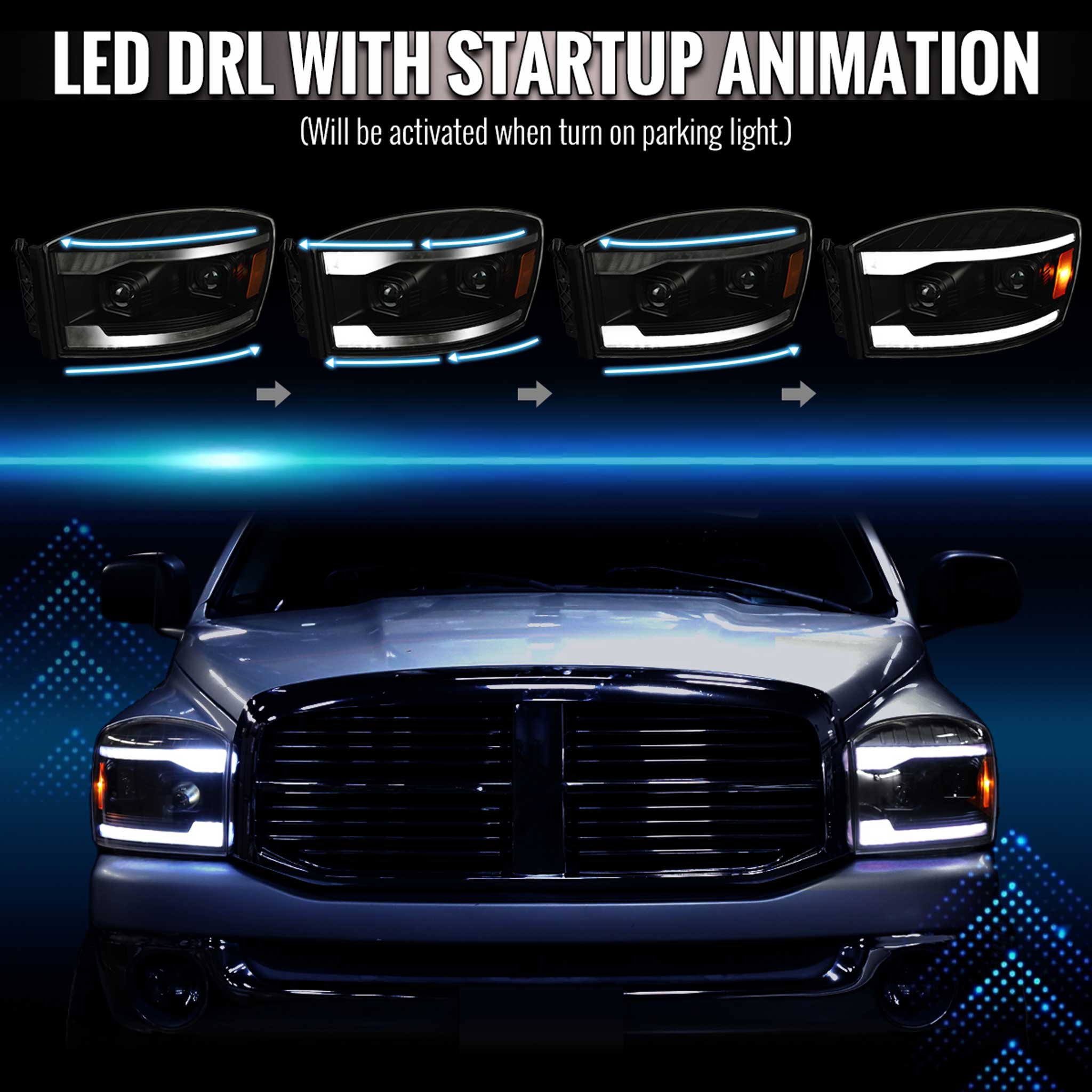 For Dodge RAM 1500 2006-08 / RAM 2500 3500 2006-09 Headlights LED Strip Turn Signal DRL Startup Animation Black Housing Smoked Lens