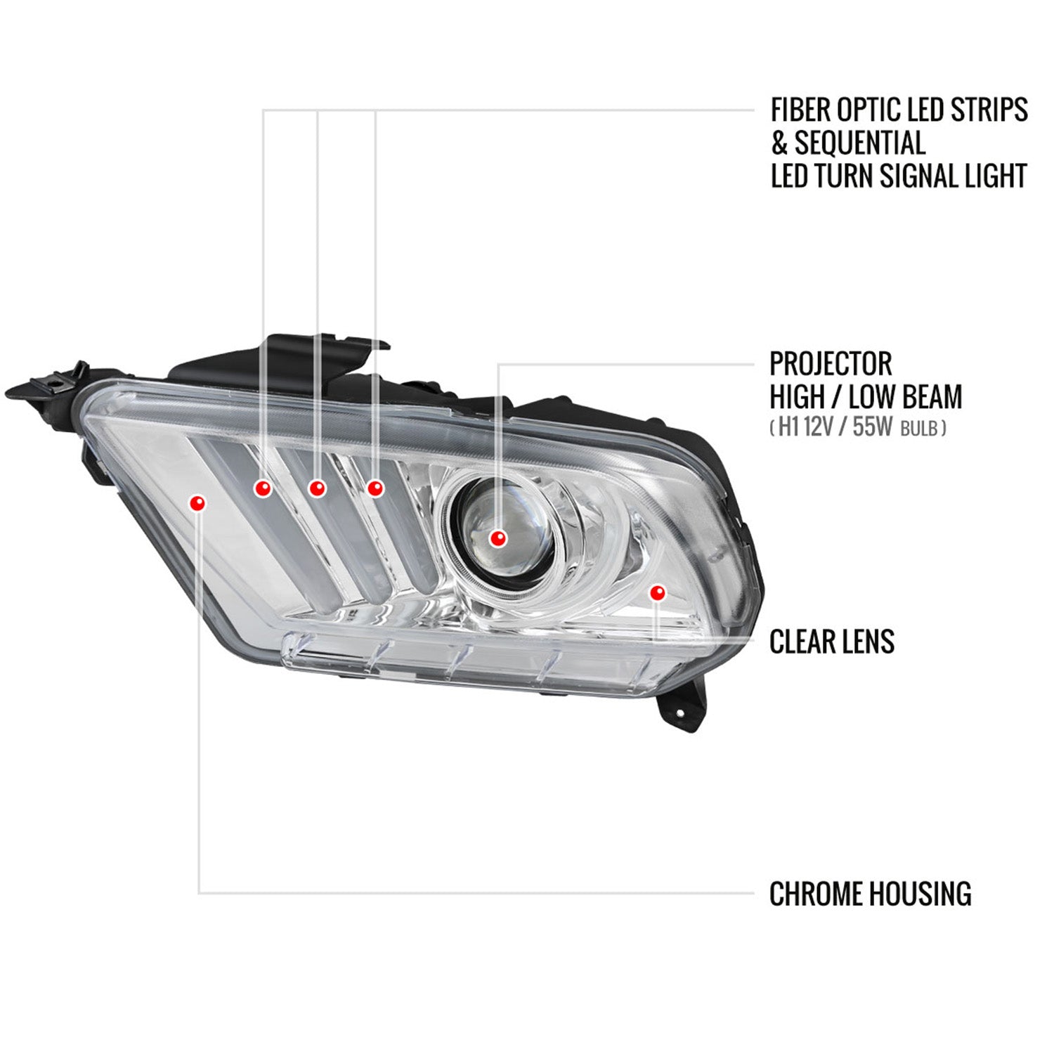 2010-2014 Ford Mustang Sequential LED Bar Projector Headlights Chrome/Clear