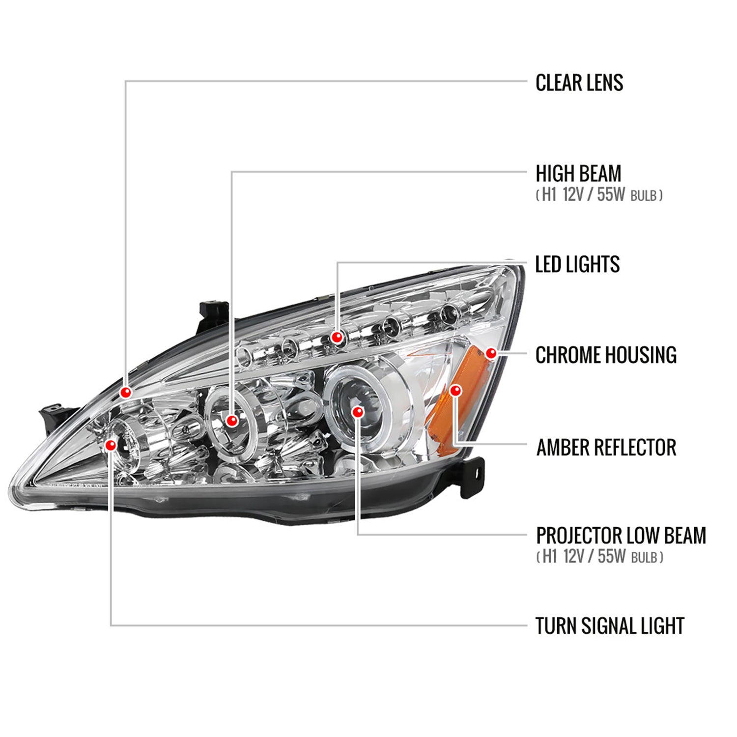 2003-2007 Honda Accord Dual Halo Projector Headlights Chrome/Clear Lens