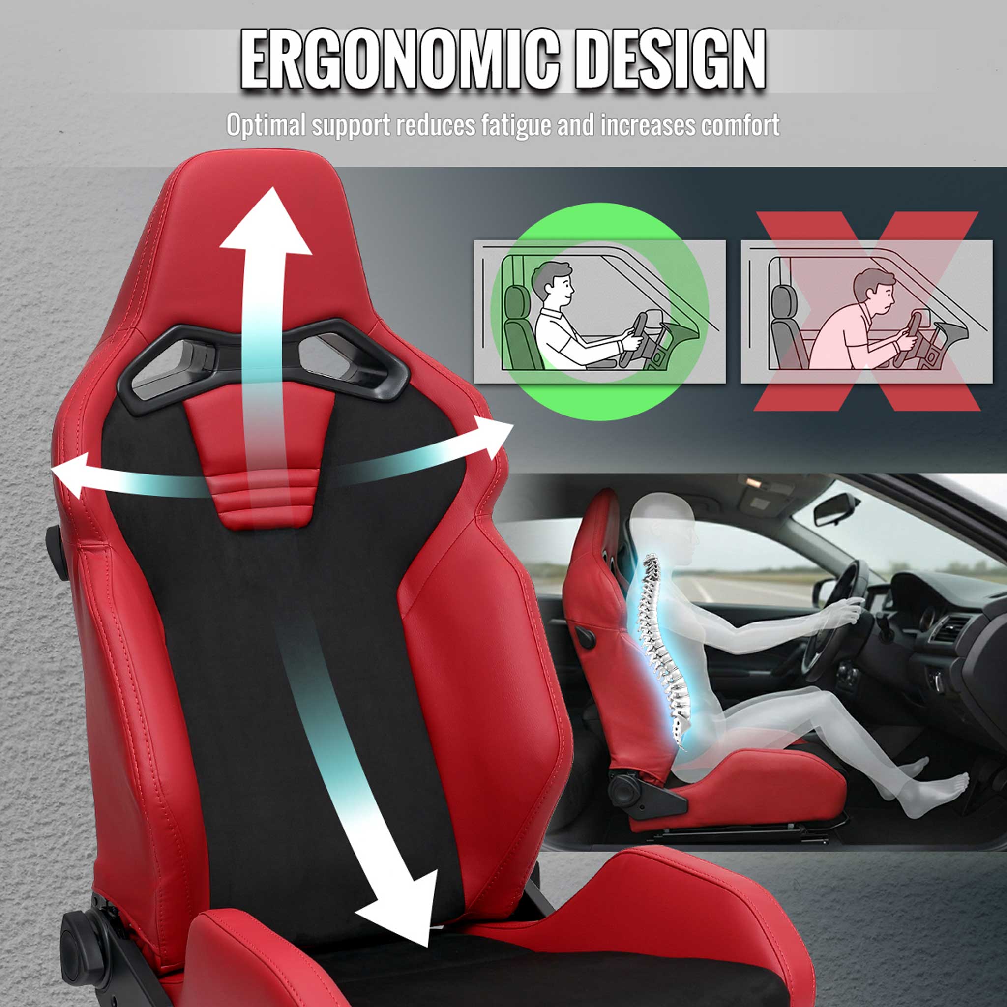 Universal Racing Seat Red Pu Leather Charcoal Gray Suede With Double Red Stitch