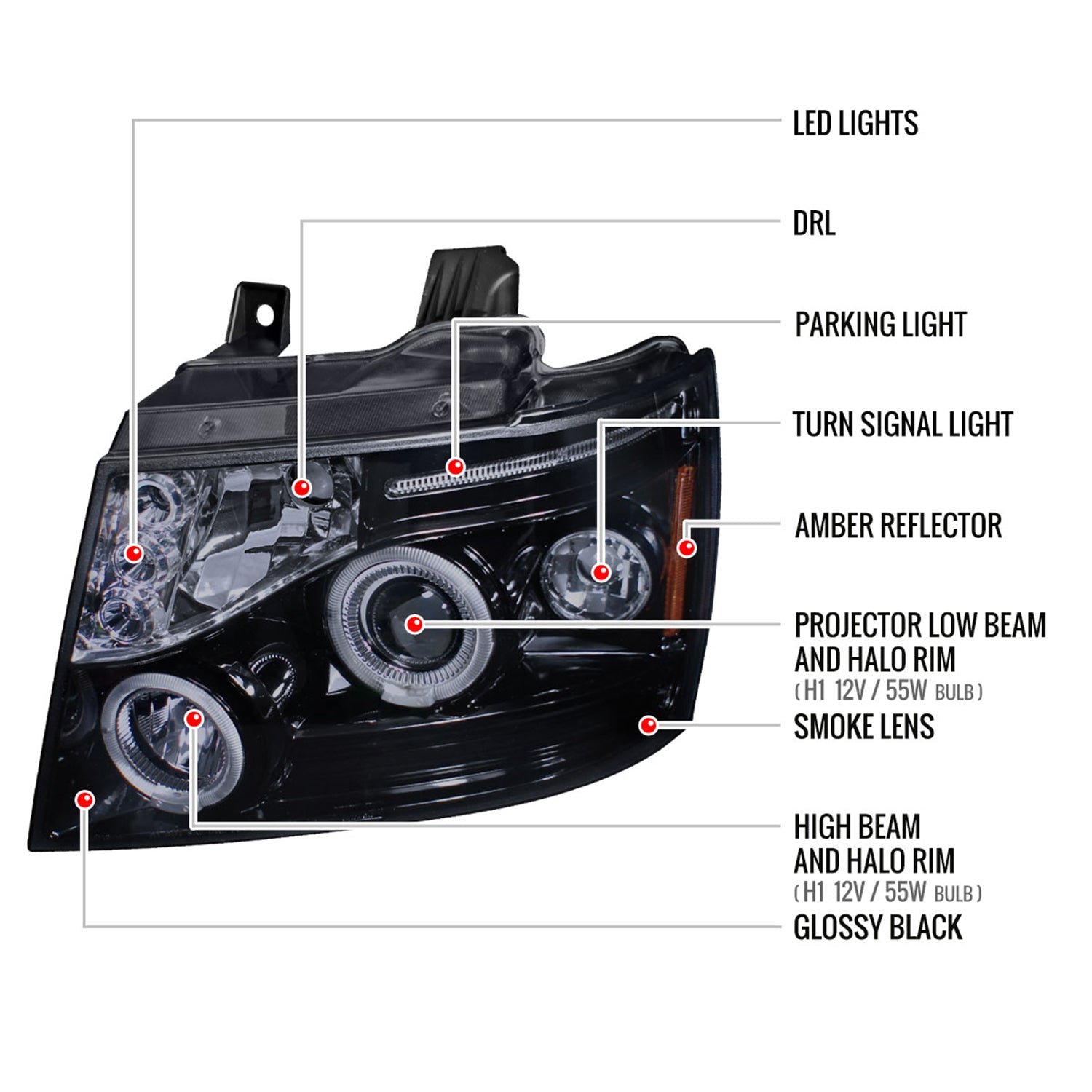 2007-2013 Chevy Avalanche/ 07-2014 Tahoe Suburban Dual Halo Headlights Smoke