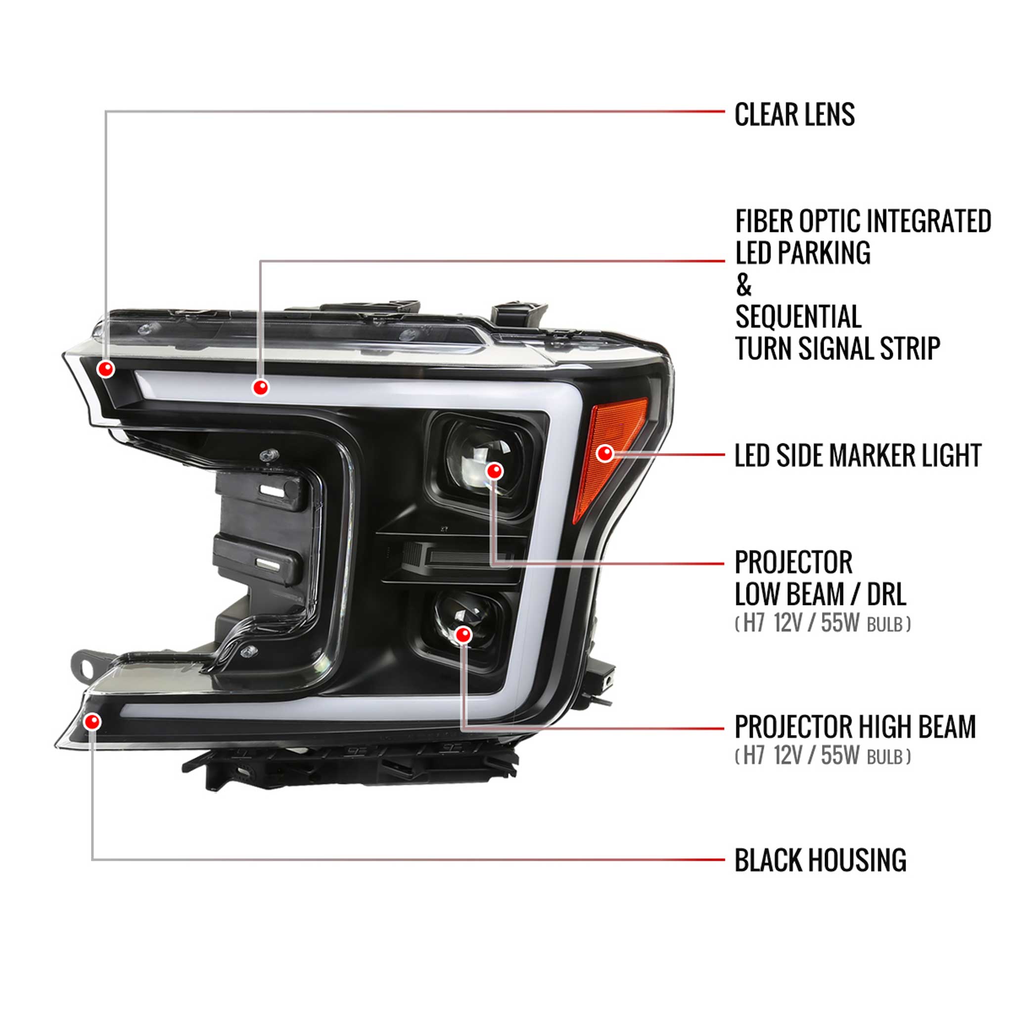 For Ford F-150 2018-2020 LED C-Bar Projector Headlights Turn Signal Lights Matte Black Housing Clear Lens