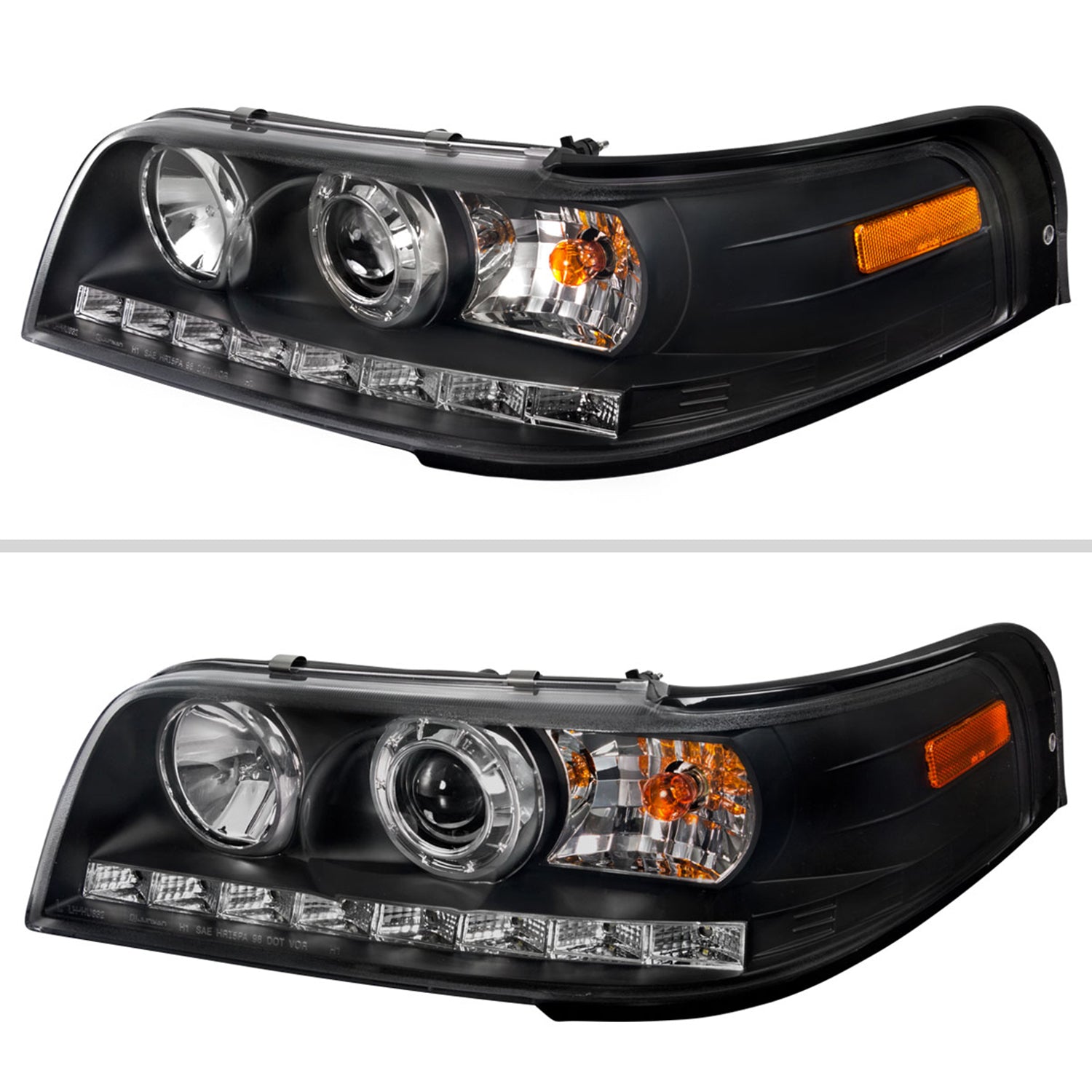 1998-2011 Ford Crown Victoria Projector Headlights LED Light Strip Matt Black