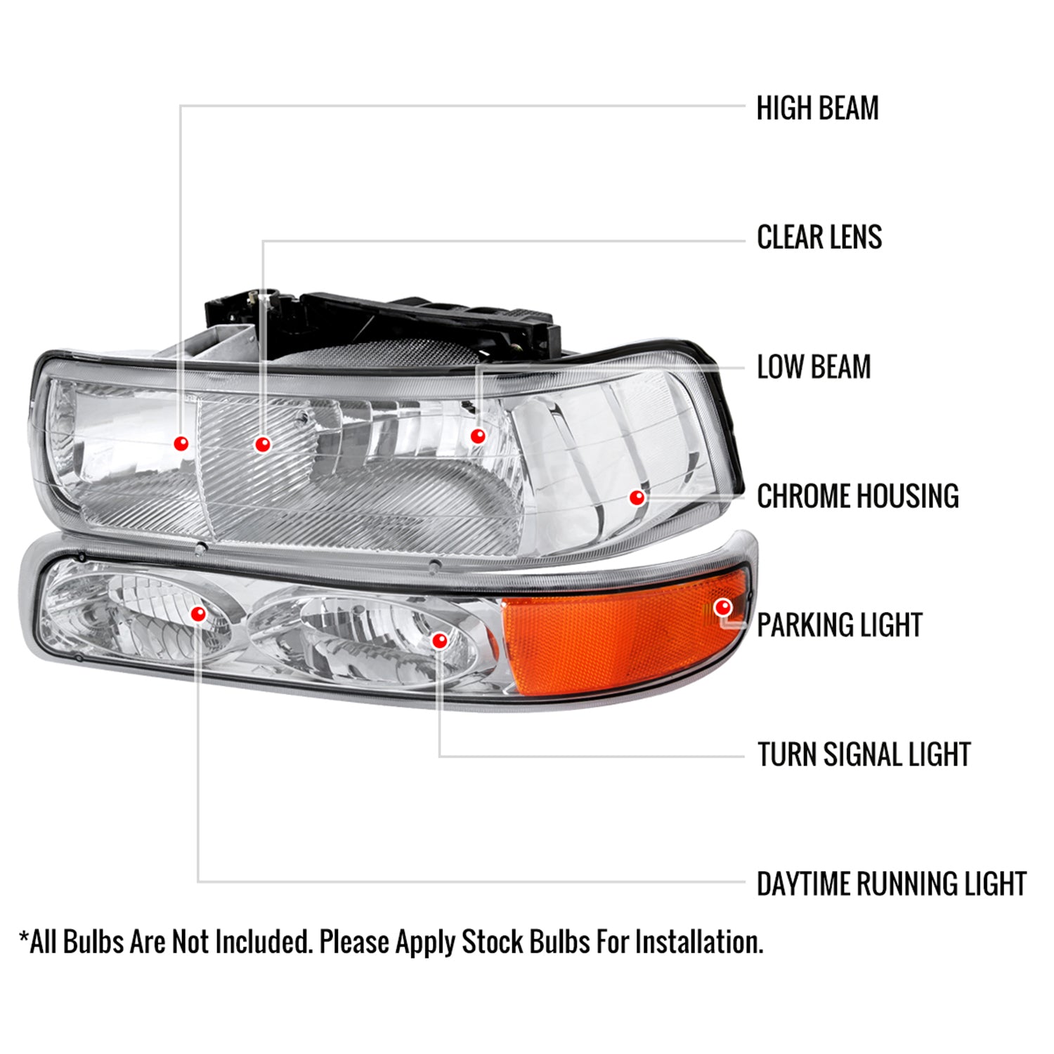 1999-2002 Chevy Silverado/Tahoe/Suburban Headlights Bumper Light Chrome