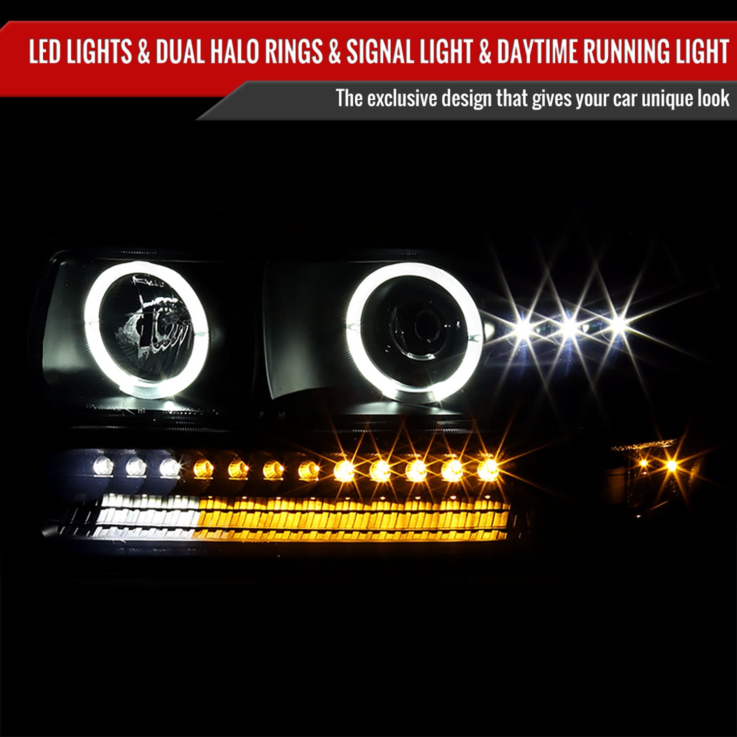 1999-2002 Chevy Silverado/ Chevy Tahoe/Suburban Dual Halo Headlights LED Black