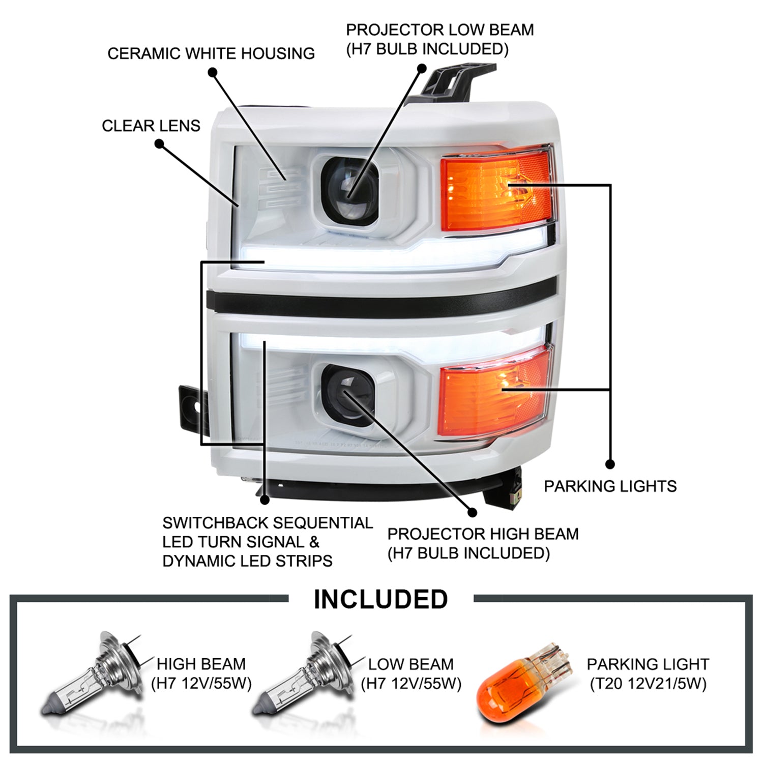 2014-2015 Chevy Silverado 1500 LED Bar Headlights White Housing/Black Trim