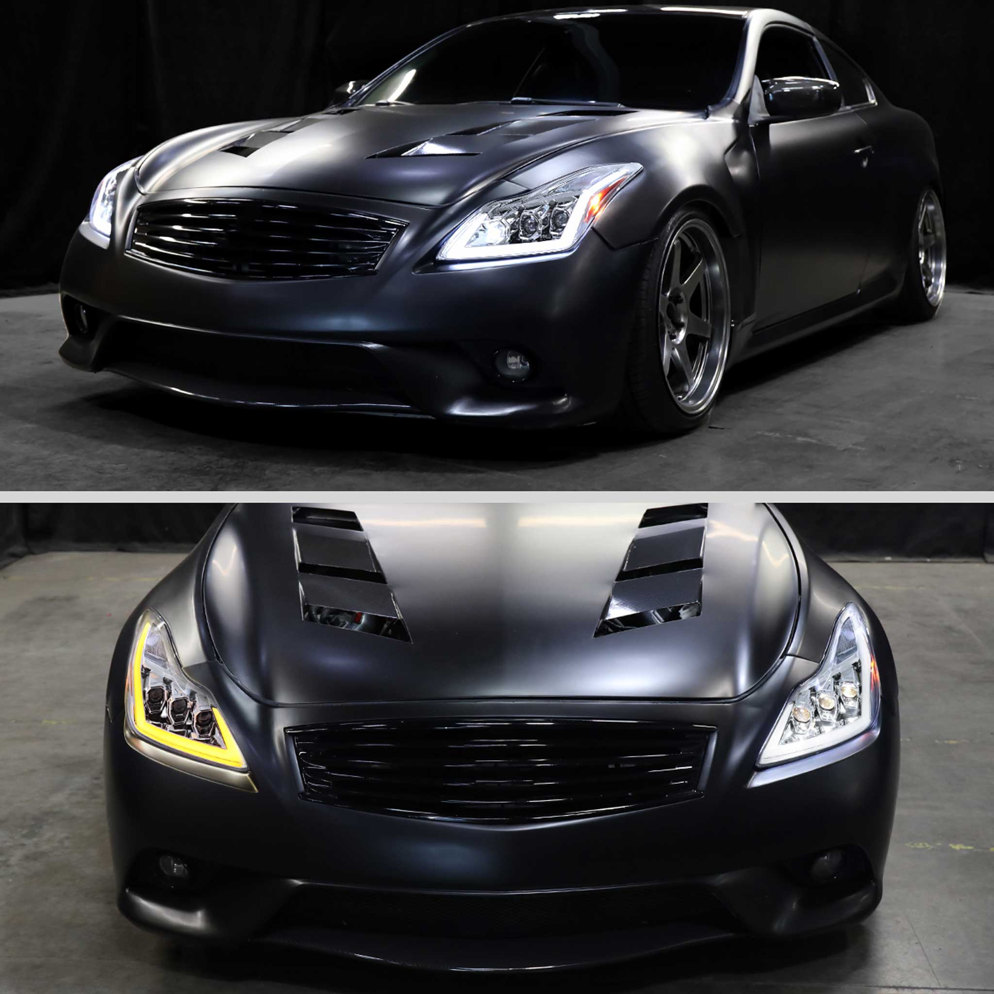 For Infiniti G37 2008-13 / Q60 Coupe 2014-15 LED Triple Projector Headlights Sequential Chrome Housing Clear Lens Switchback