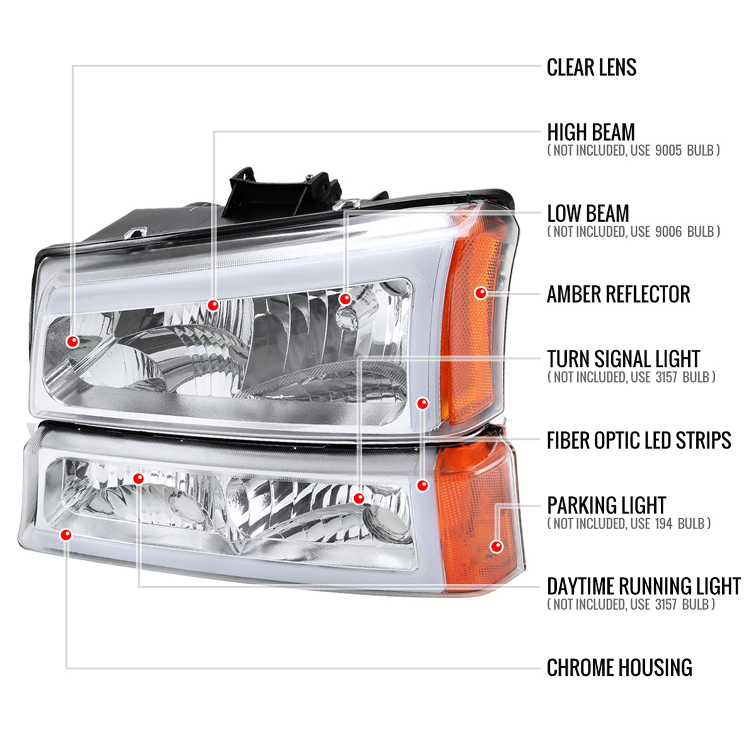 2002-2006 Chevy Avalanche/ Silverado LED Bar Headlights&Bumper Lights Chrome