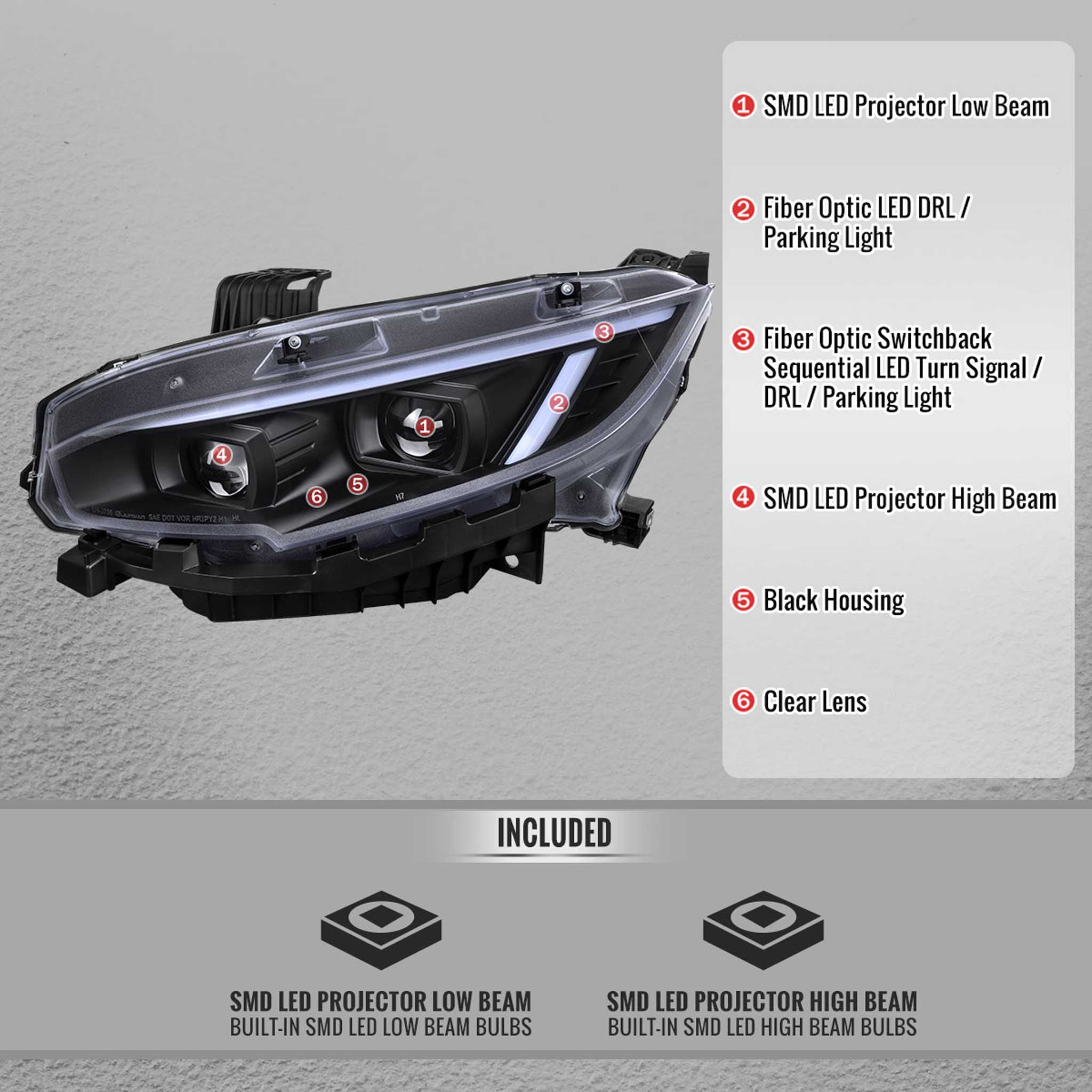For Honda Civic 2016-2021 Full LED Projector Headlights Sequential DRL Matte Black Clear Lens