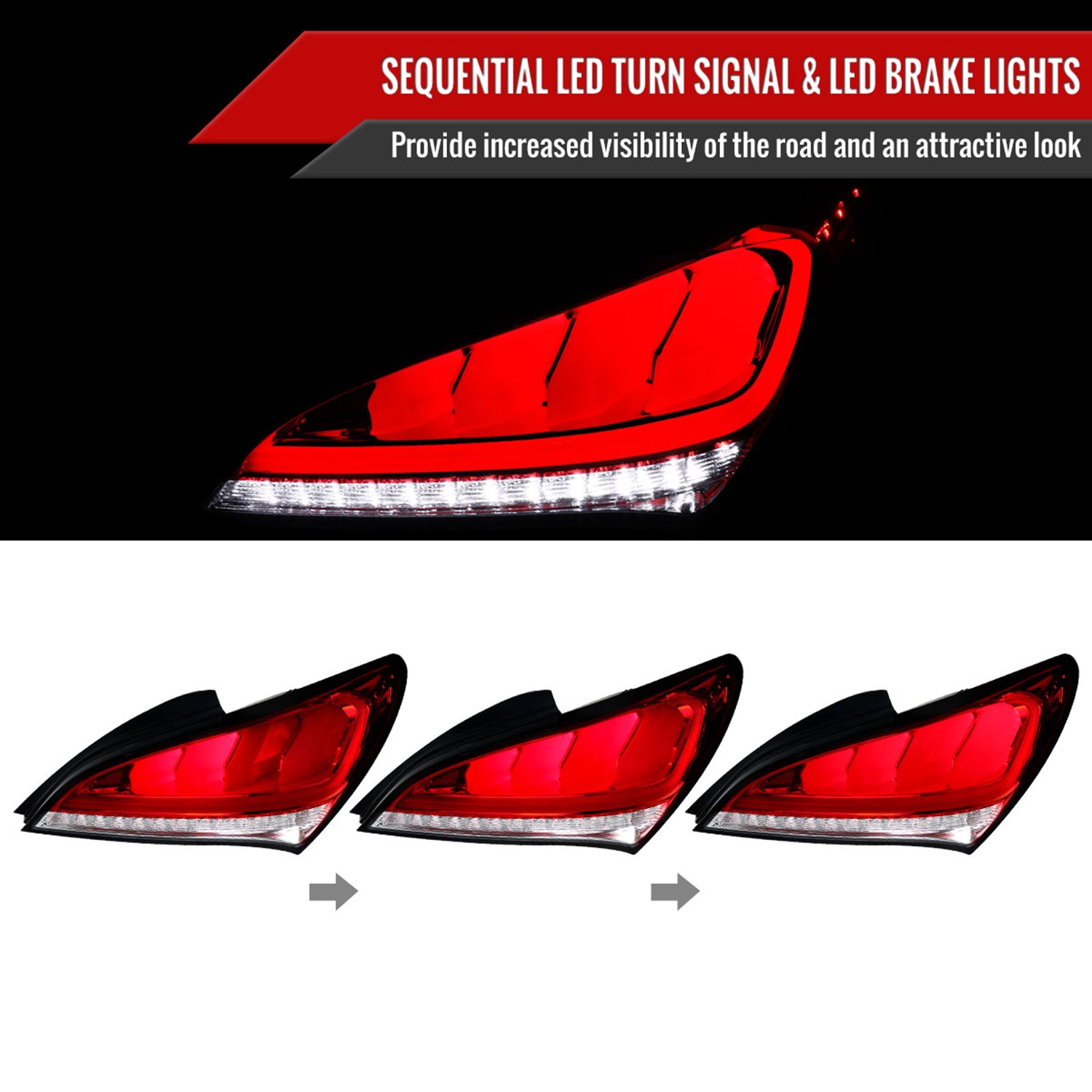 2010-2016 Hyundai Genesis Coupe White Bar LED Tail Lights Chrome/Red