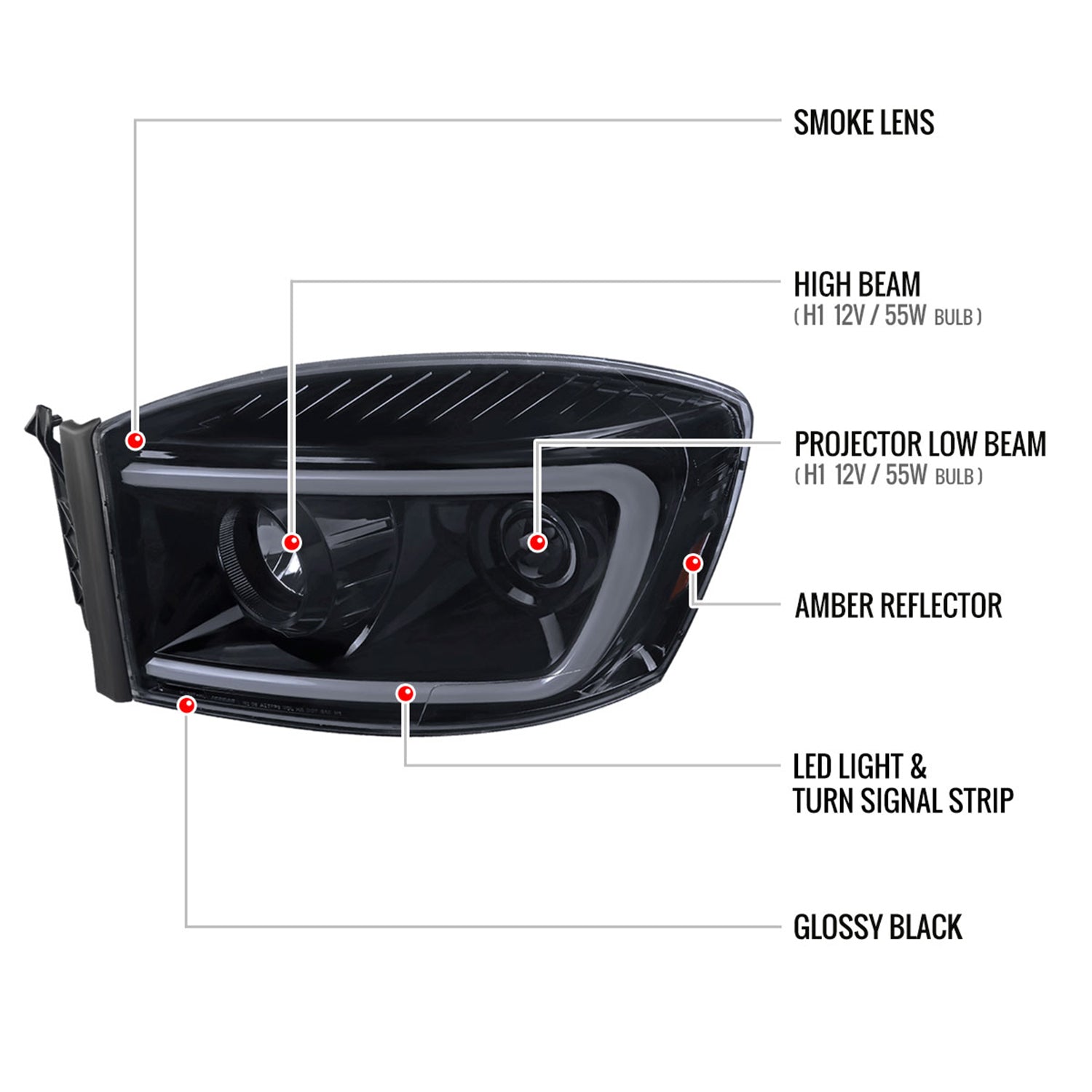 2006-2008 Dodge RAM 1500/ 06-2009 2500 3500 LED CBar Projector Headlights Smoke