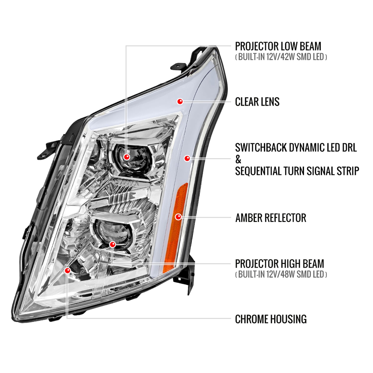 2010-2016 Cadillac SRX Full Sequential LED DRL Projector Headlights Chrome