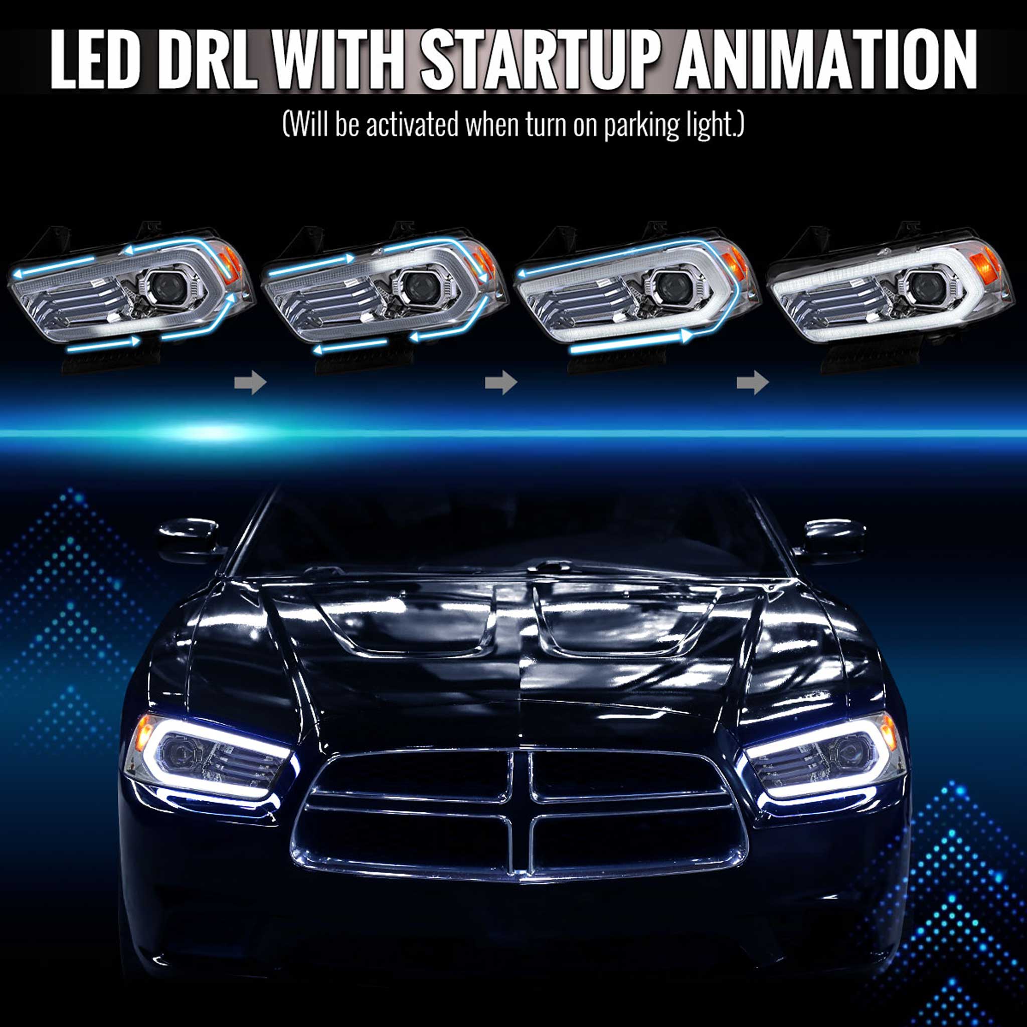 For Dodge Charger 2011-2014 Headlights LED DRL Light Strip Turn Signal Side Marker Chrome Housing Clear Lens