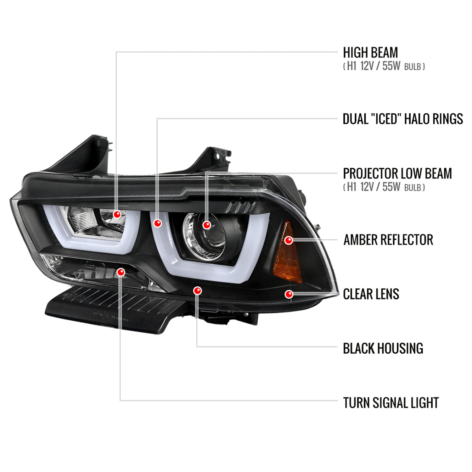 2011-2014 Dodge Charger Dual Halo Projector Headlights Matte Black/Clear Lens