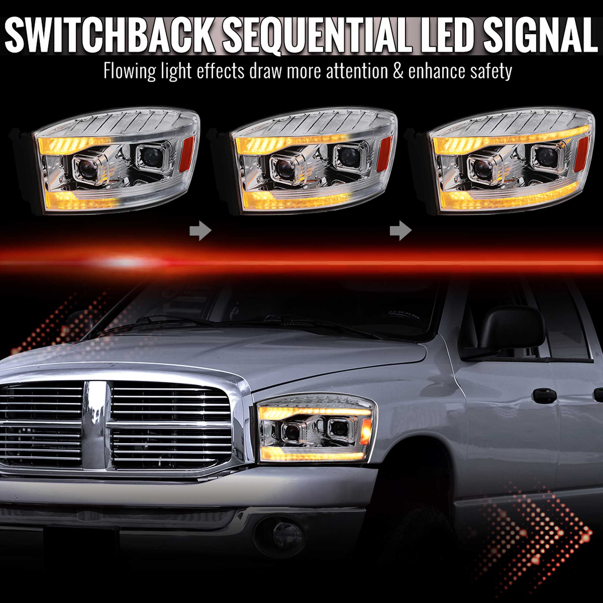 For Dodge RAM 1500 2006-08 / RAM 2500 3500 2006-09 Projector Headlights Amber LED Strips Turn Signals DRL Chrome Housing Clear Lens