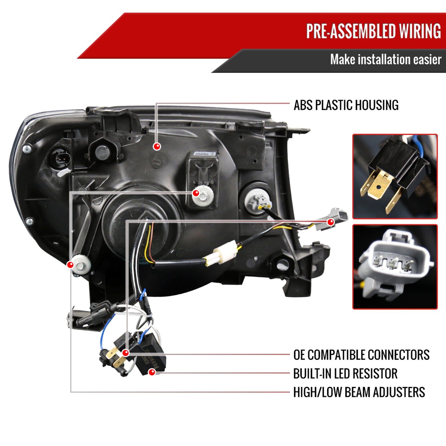 2005-2011 Toyota Tacoma LED Bar Projector Headlights Matte Black/Clear Lens