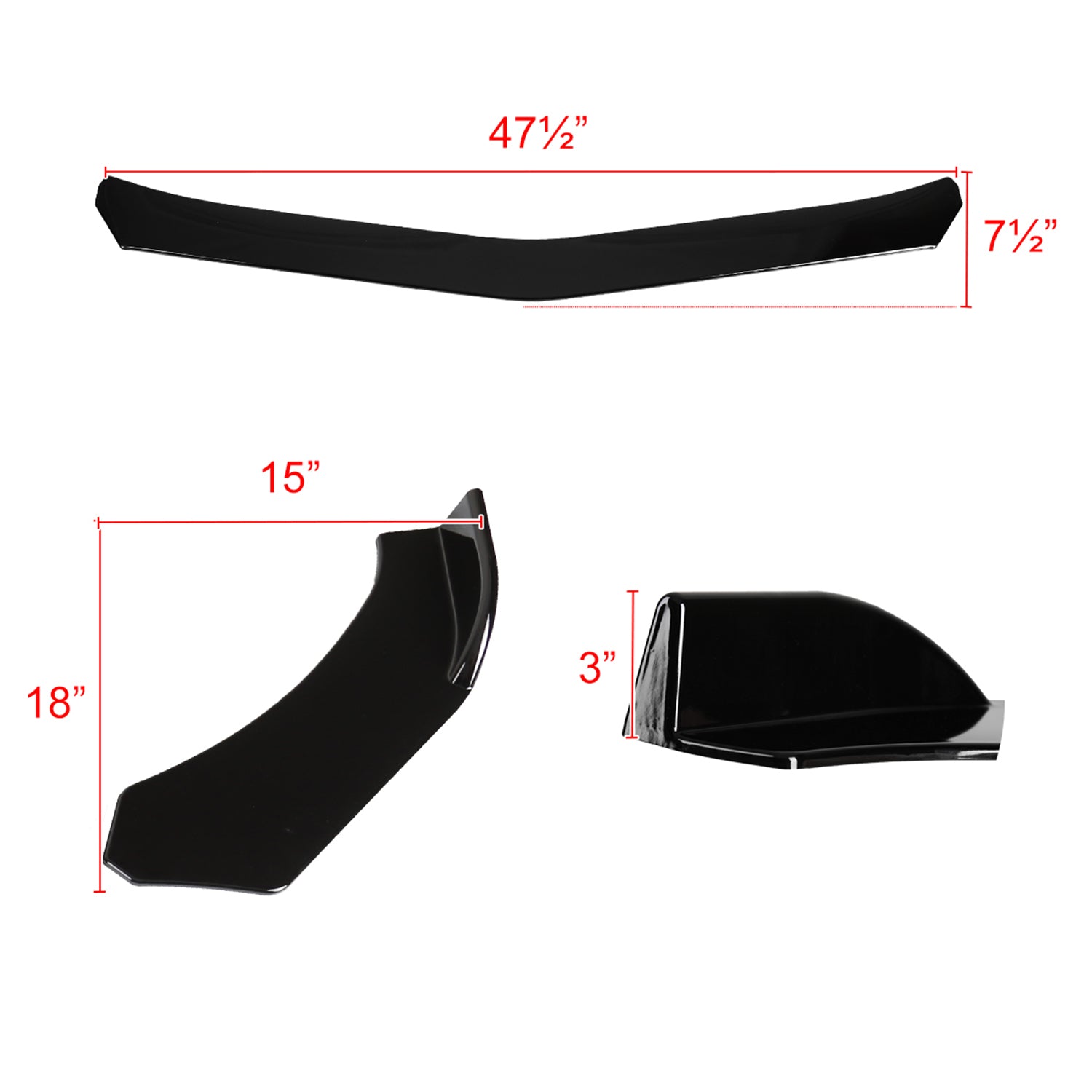 Universal Glossy Black Polypropylene 3Pcs Bumper Lip Spoiler Splitter