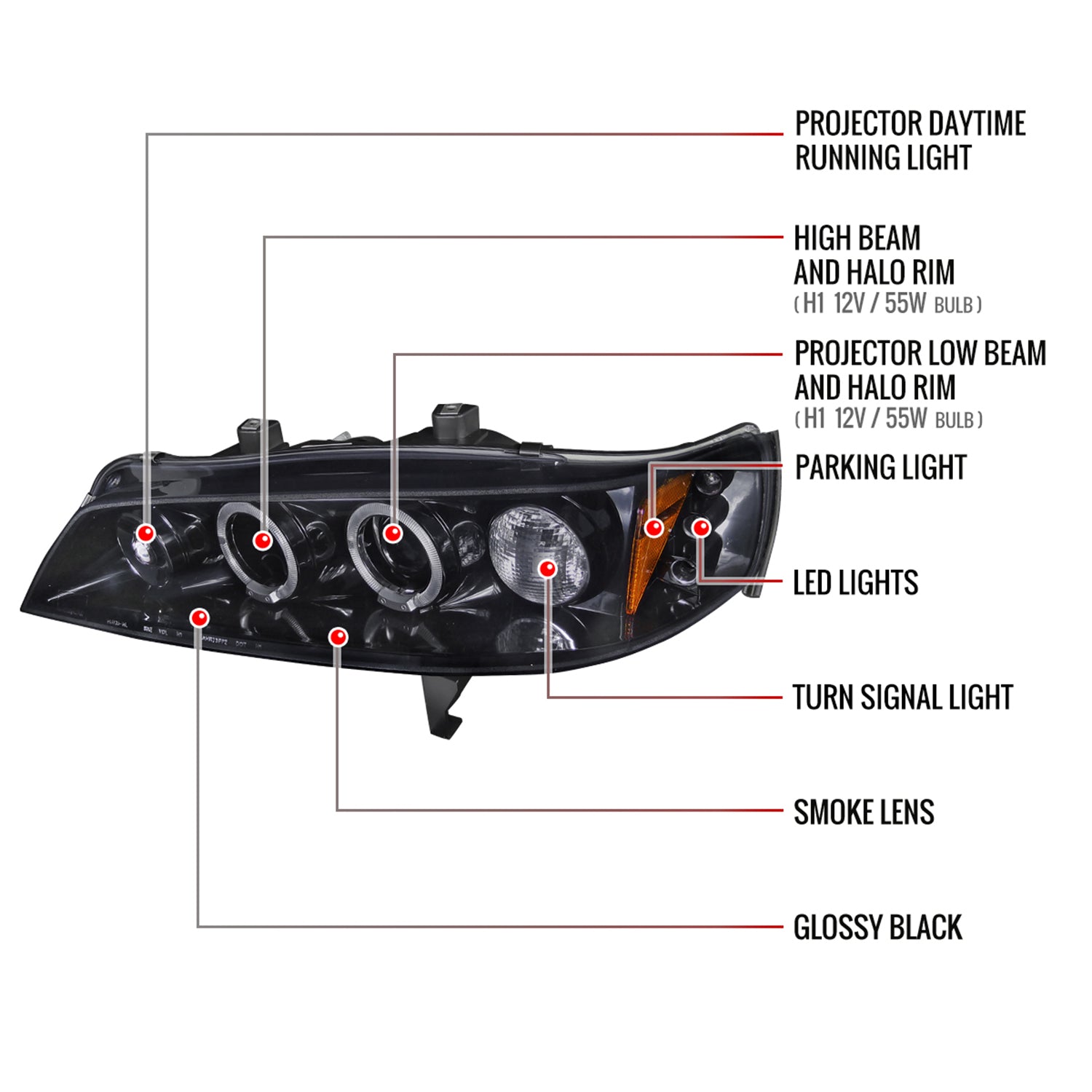 1994-1997 Honda Accord Dual Halo Projector Headlights Glossy Black/Smoke Lens