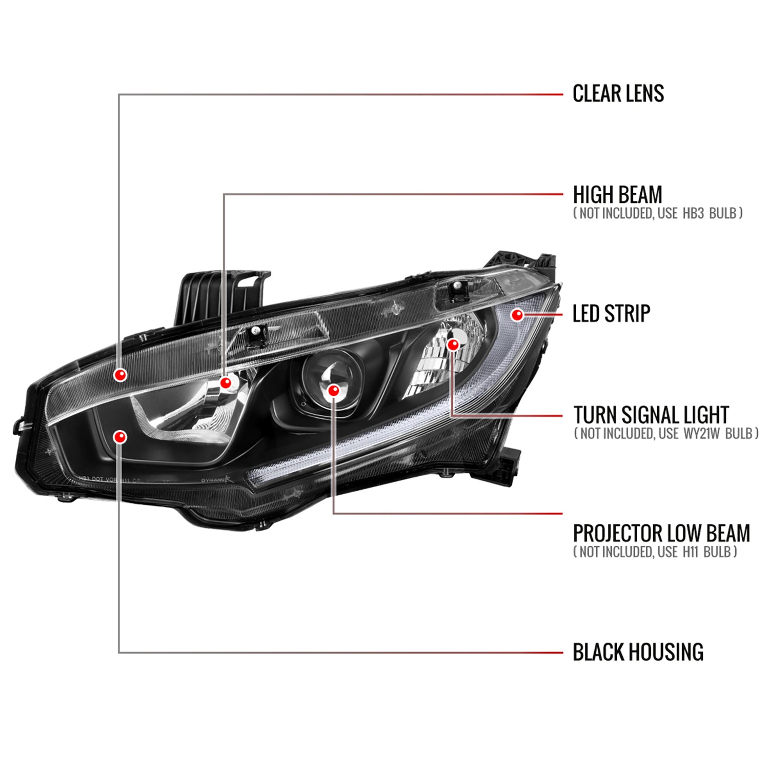 2016-2021 Honda Civic LED Strip Factory Projector Headlights Matt Black/Clear