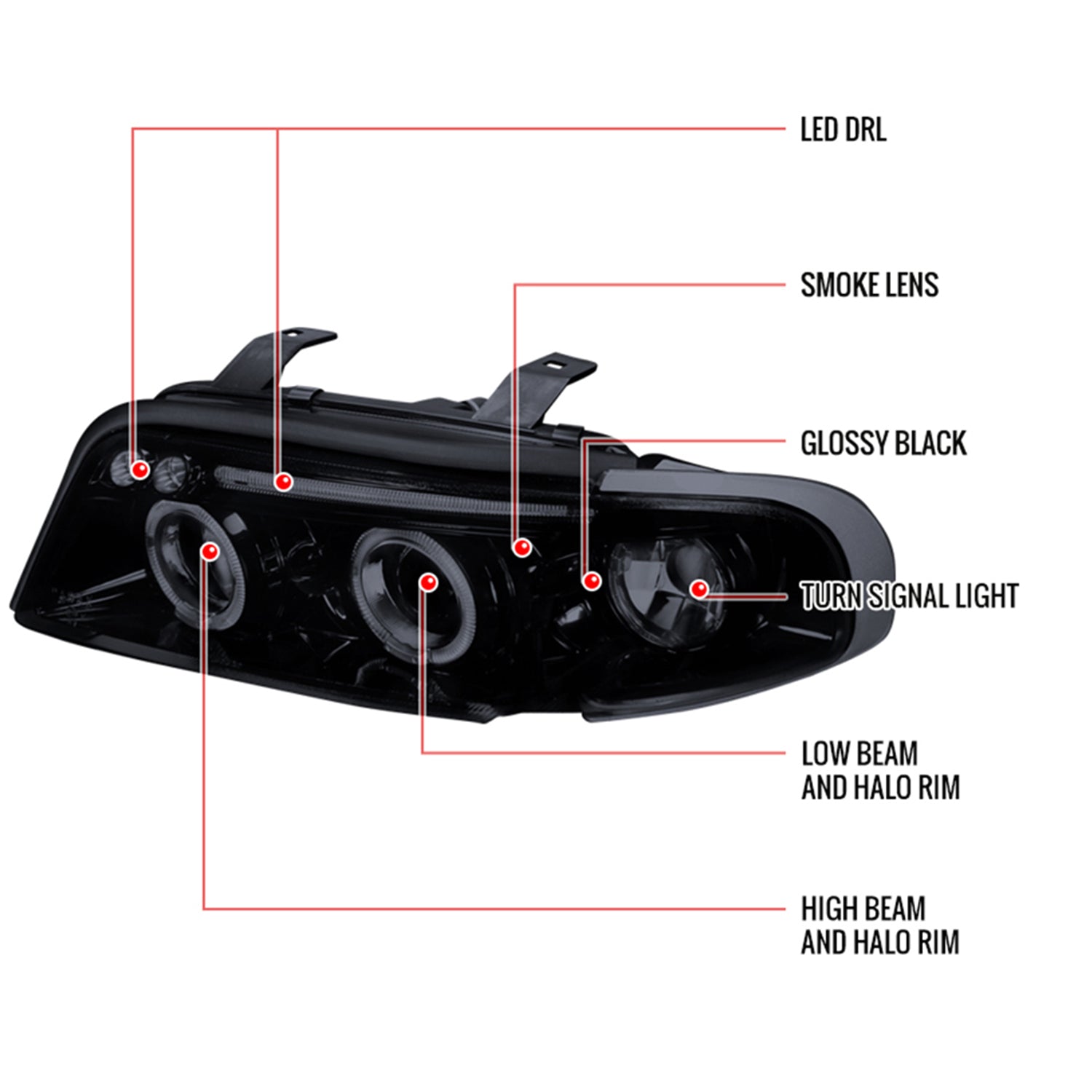 1996-1999 Audi A4 Dual Halo Projector Headlights Glossy Black/Smoke Lens