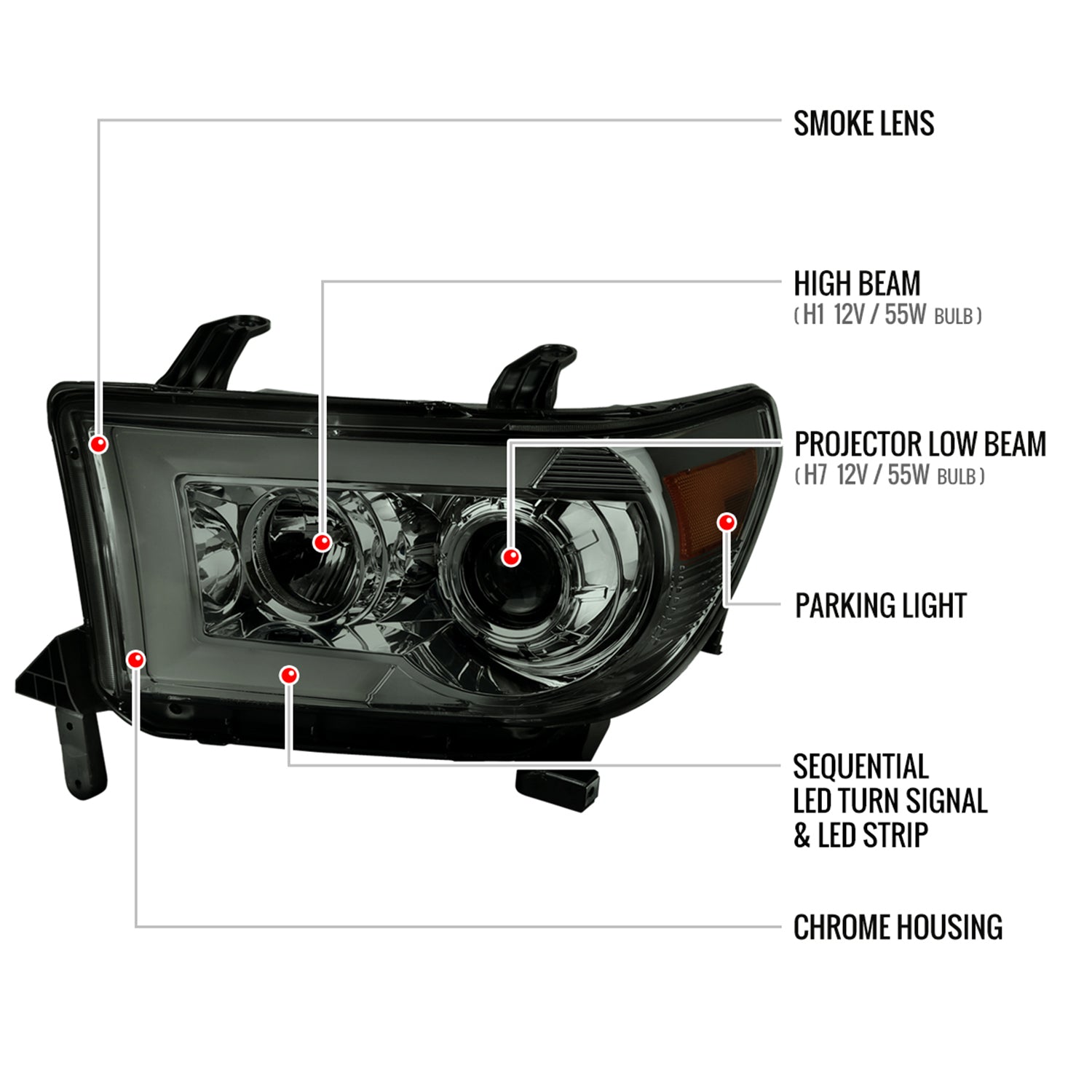 2007-2013 Toyota Tundra/ 08-2017 Sequoia LED CBar Projector Headlights Smoke