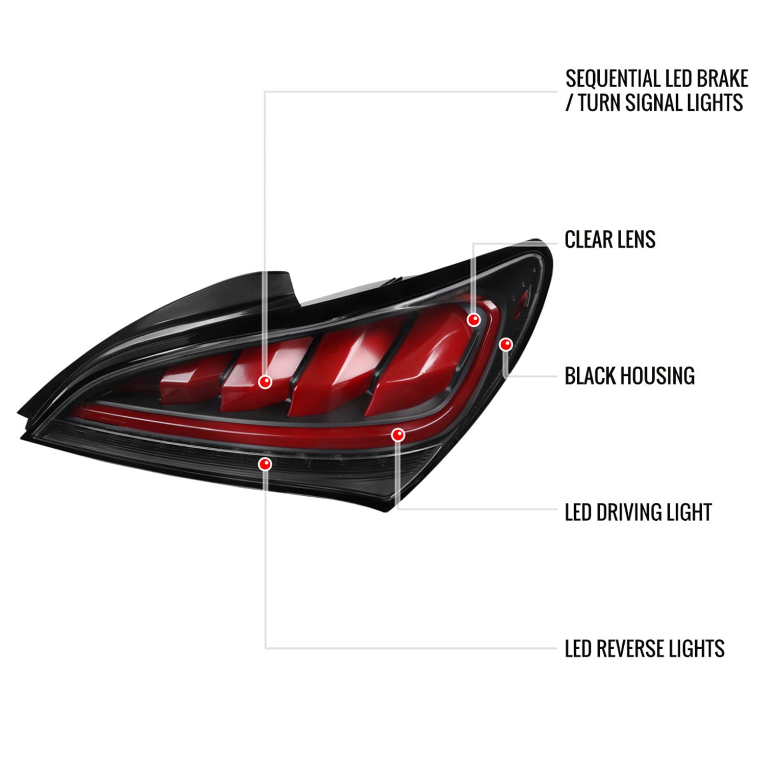 2010-2016 Hyundai Genesis Coupe Red Bar LED Tail Lights Satin Black/Clear