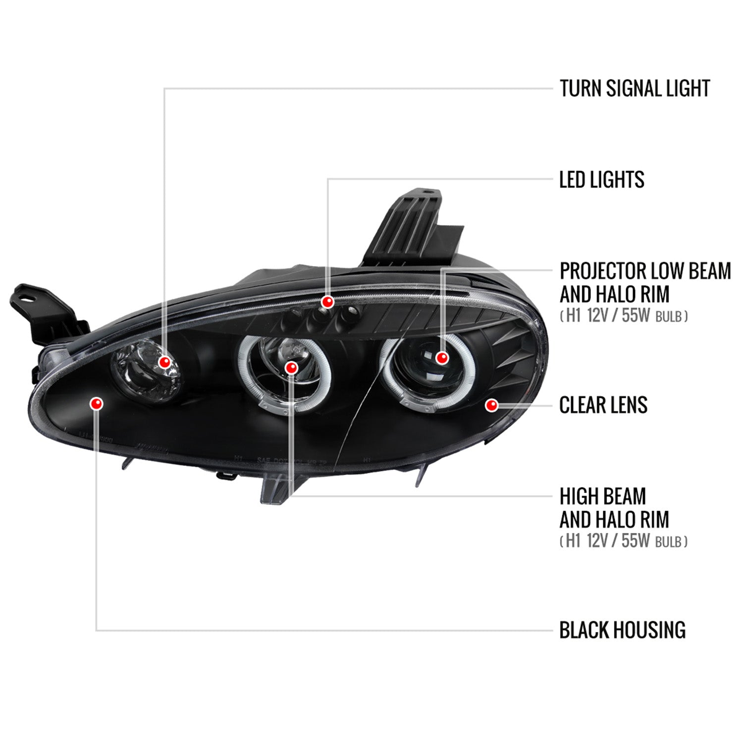 2001-2005 Mazda Miata MX-5 Dual Halo Projector Headlights Matte Black/Clear