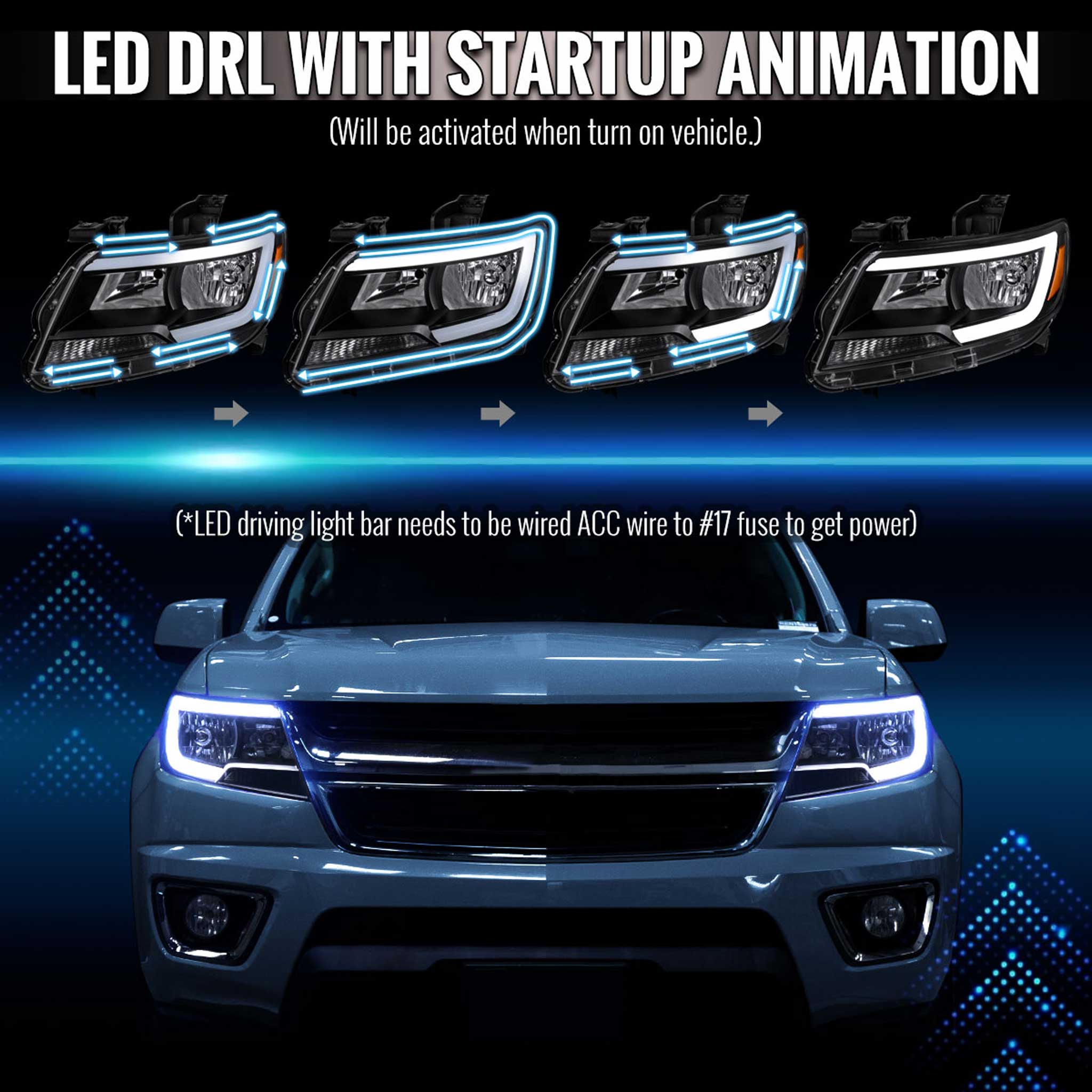 For Chevrolet Colorado 2015-2022 Factory Style Headlights Switchback LED Bar Turn Signal Black Housing Clear Lens
