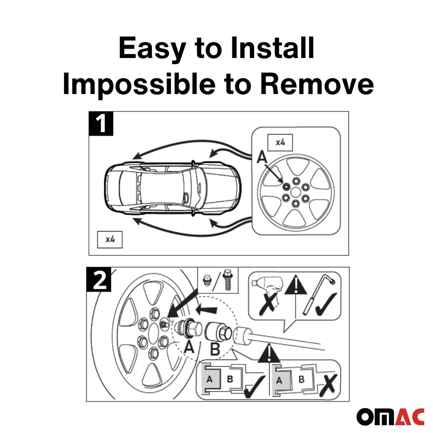 Wheel Lock Kit for BMW X2 / X4 / X7 M14X1.25 Bolt Chromed 4Locks & 1Key