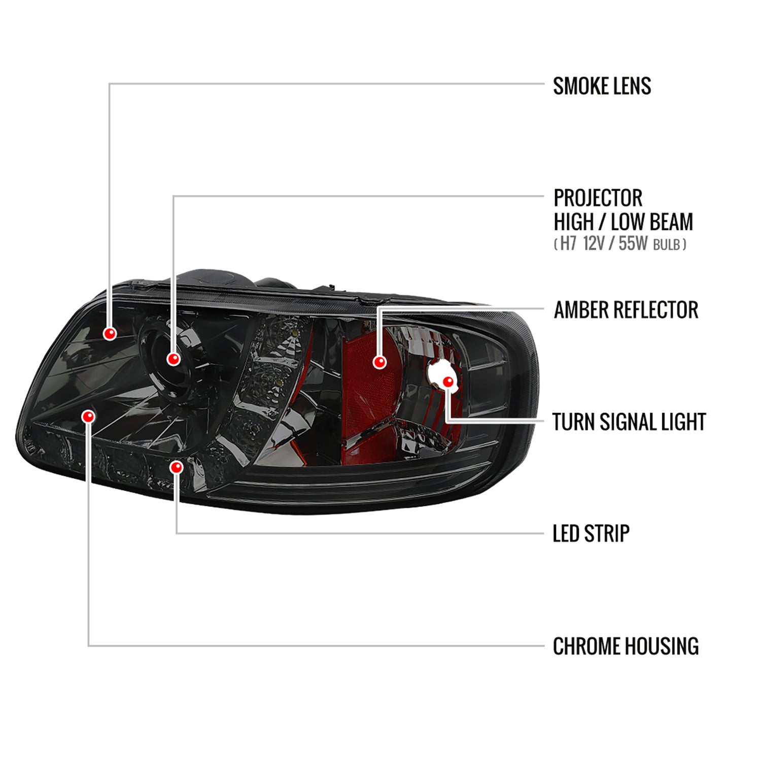 1997-2004 Ford F-150 / 1997-2002 Expedition Projector Headlights SMD LED Smoke